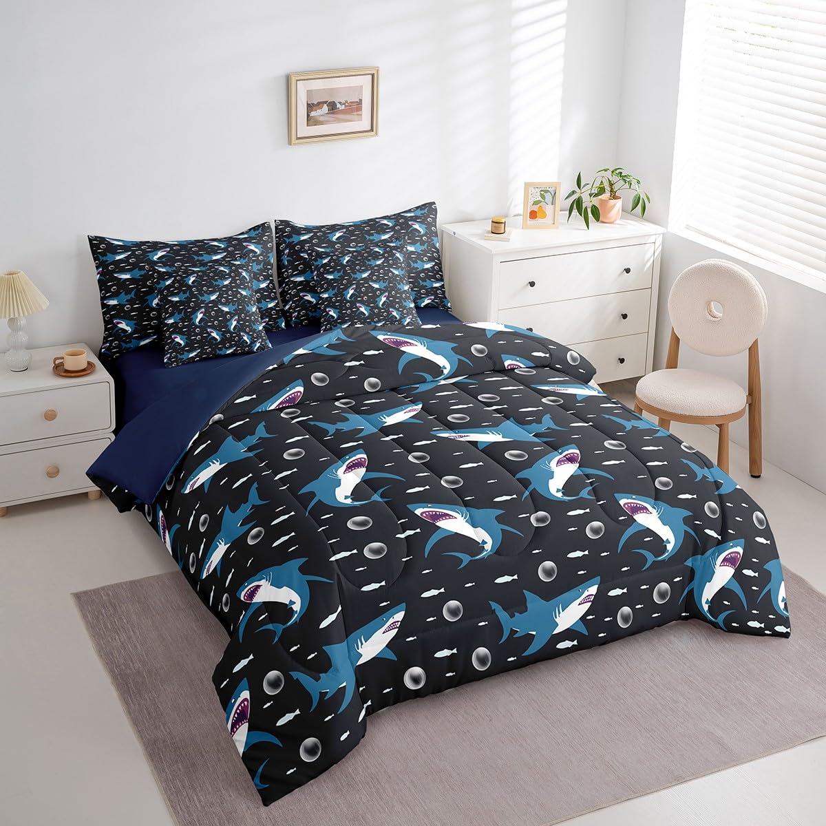 Feelyou Shark 7 Pieces Bedding Set Queen Size, Cute Shark Comforter Set with Sheets for Kids Boys Girls Cartoon Shark Bed in A Bag Shark Ocean Bed Set 7Pcs