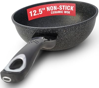 HOME N KITCHENWARE Nonstick Ceramic Wok, Frying Pan - Premium 9-Layered Cookware, Korean Marble-Coated - Easy to Clean Cast Aluminum - Induction Ready for Saute, Stir-Fry, Eggs, Fried Rice 12.5-Inch