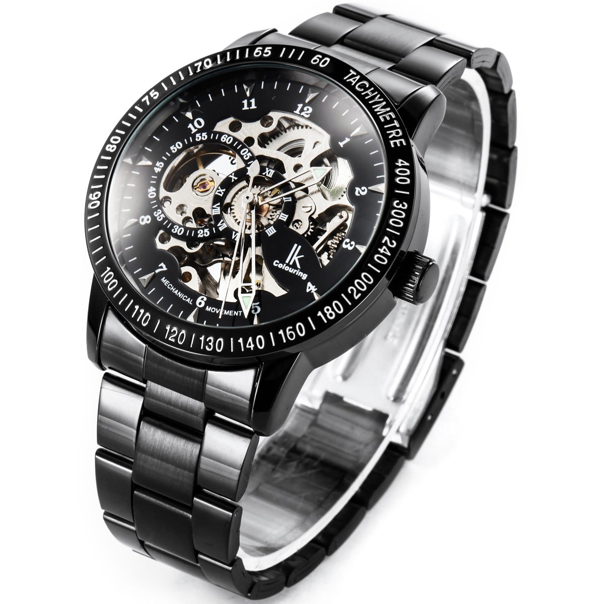 Alienwork IK Reloj Automático Hombre Mujer Negro Pulsera de Metal Acero Esqueleto