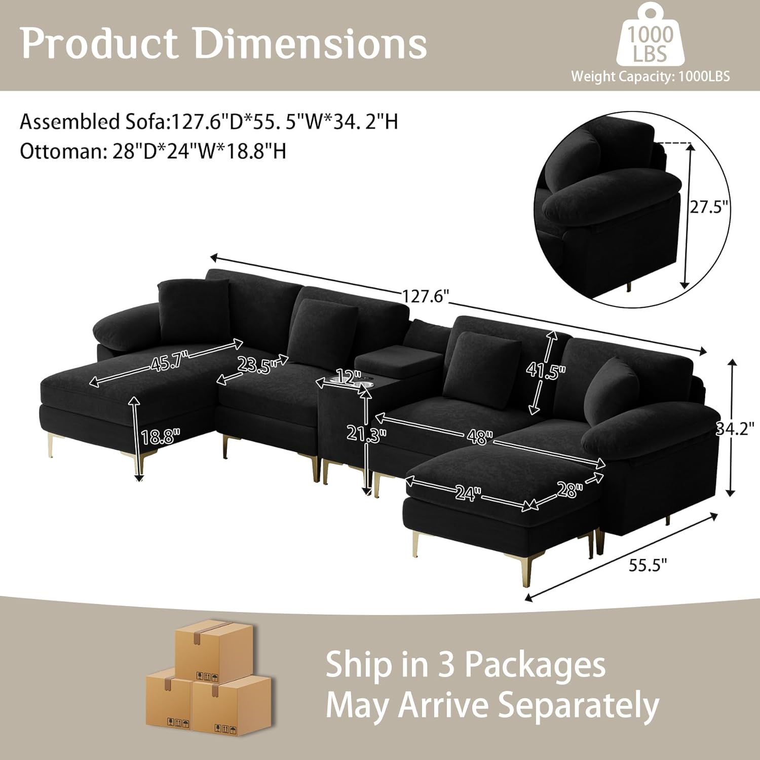OUYESSIR U-Shaped Sectional Sofa Couch, 4 Seat Sofa Set for Living Room, Convertible U-Shaped Velvet Couch Set with USB Port Central Console Ottoman,128 inches (Black)