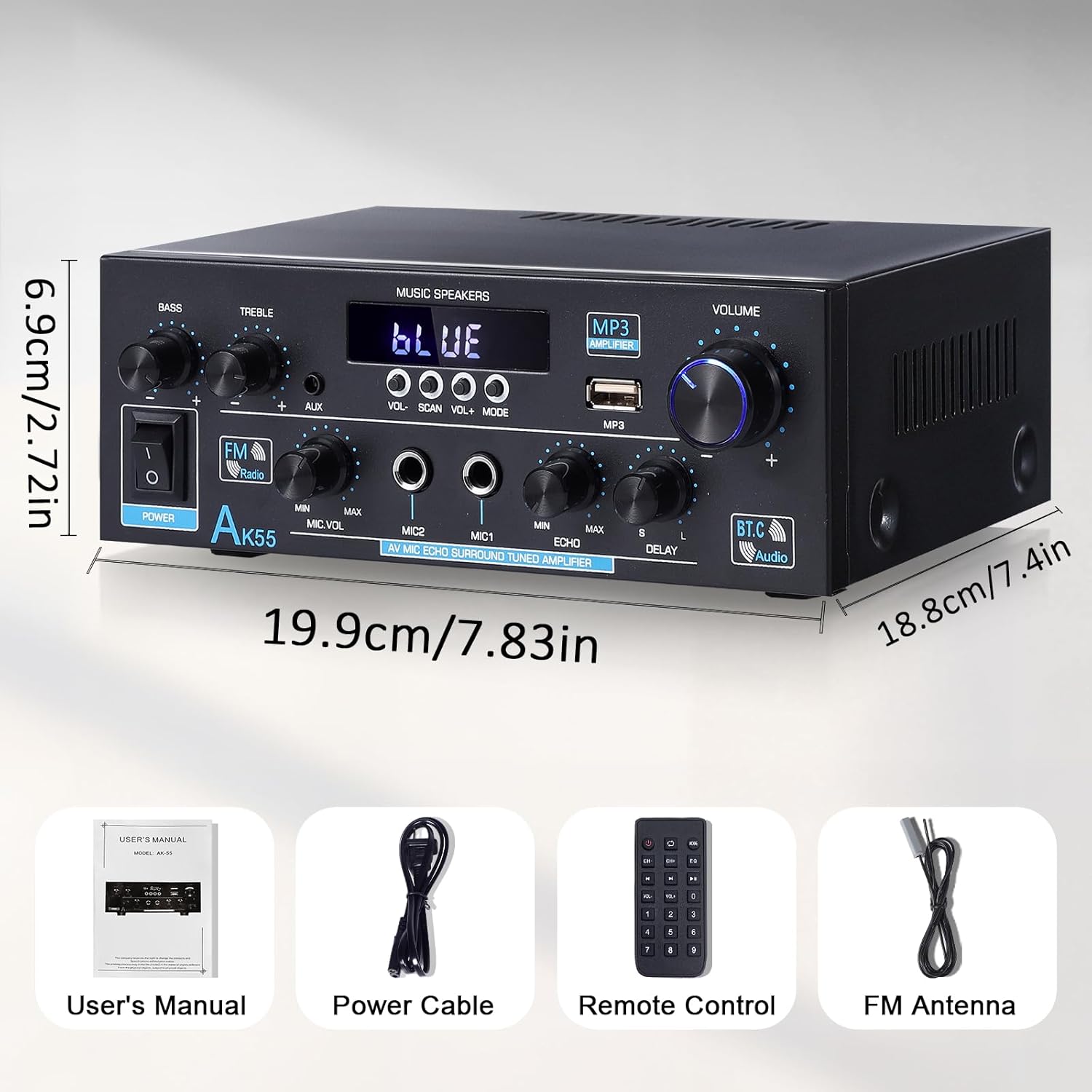 AK55 Stereo Amplifier Home Audio, Bluetooth 5.0 Max 450W Power Stereo Receivers 2.0 Channel Audio Amplifier for Speaker W/Remote Control/AUX/RCA/Echo/USB/2 MIC in for Home Party, Karaoke - Image 5