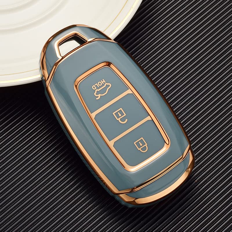 Image of JVCV Gold Border TPU Key Cover Compatible with Hyundai Verna Push Button Start Car Key - Glossy Protective Smart Key Case (Grey)
