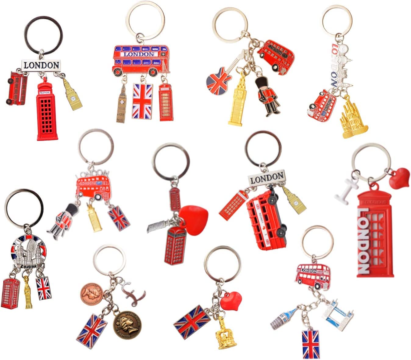 Mszsa Unisex Multicoloured 10 Mix Metal Keyrings London British Souvenir Keyrings Metal Keychain Souvenir