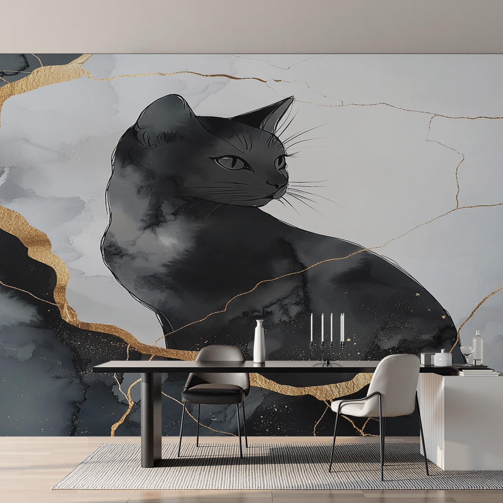 Papier peint panoramique chat noir pour masquer les défauts des murs de salon et chambre