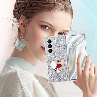 for Galaxy Z Fold 7 Case Glitter Love Mirror Protective Cover for Samsung Galaxy Z Fold 7 2025 5G for Women - Love