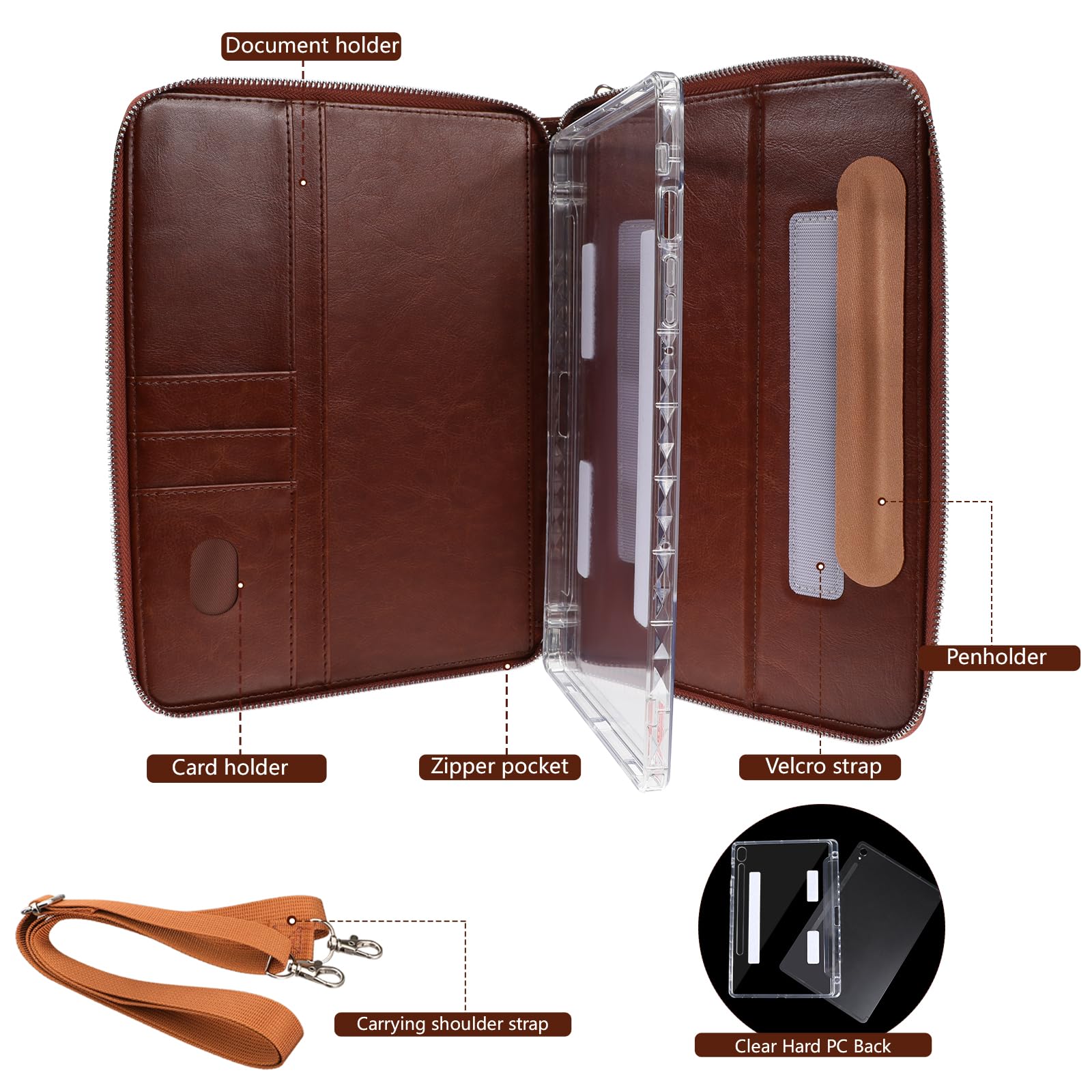 E NET-CASE Funda para Samsung Galaxy Tab S10 Lite / S10 FE / S9 FE 10.9 Pulgadas / S9 11 Pulgadas, Funda Trasera Transparente/Correa de Mano/Correa para el Hombro/Soporte para S-Pen,marrón