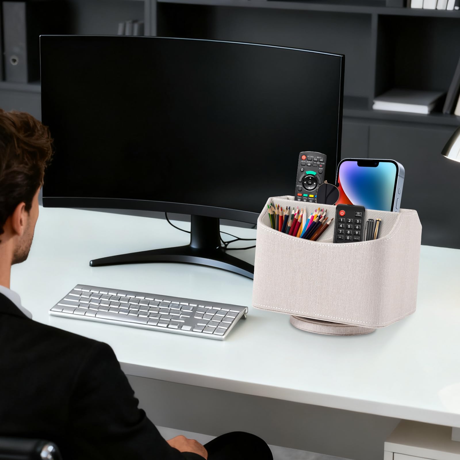 Support de Télécommande en Similicuir avec 5 Compartiments, Organiseur de Bureau Rotatif à 360 Degrés pour Stylo, Télécommande TV, Téléphone, Mini iPad, Notebook, Lunettes, Boîte de Rangement