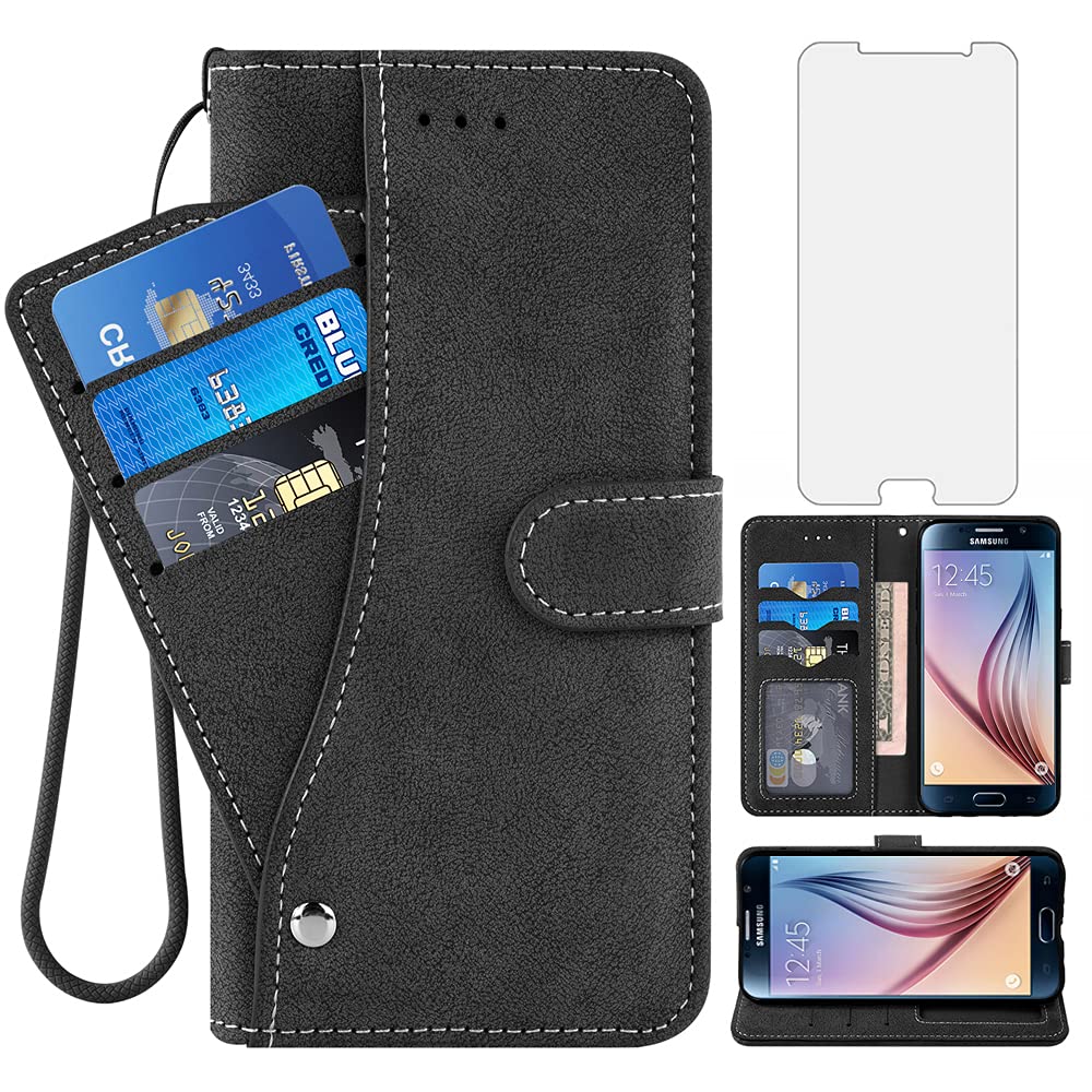 Asuwish Samsung Galaxy S6 Wallet Case,Leather Phone Cases with Credit Card Holder Slim Kickstand Stand Shockproof Rugged Flip Folio Protective Cover for Samsung Galaxy S 6 6S GS6 Women Girls Men Black
