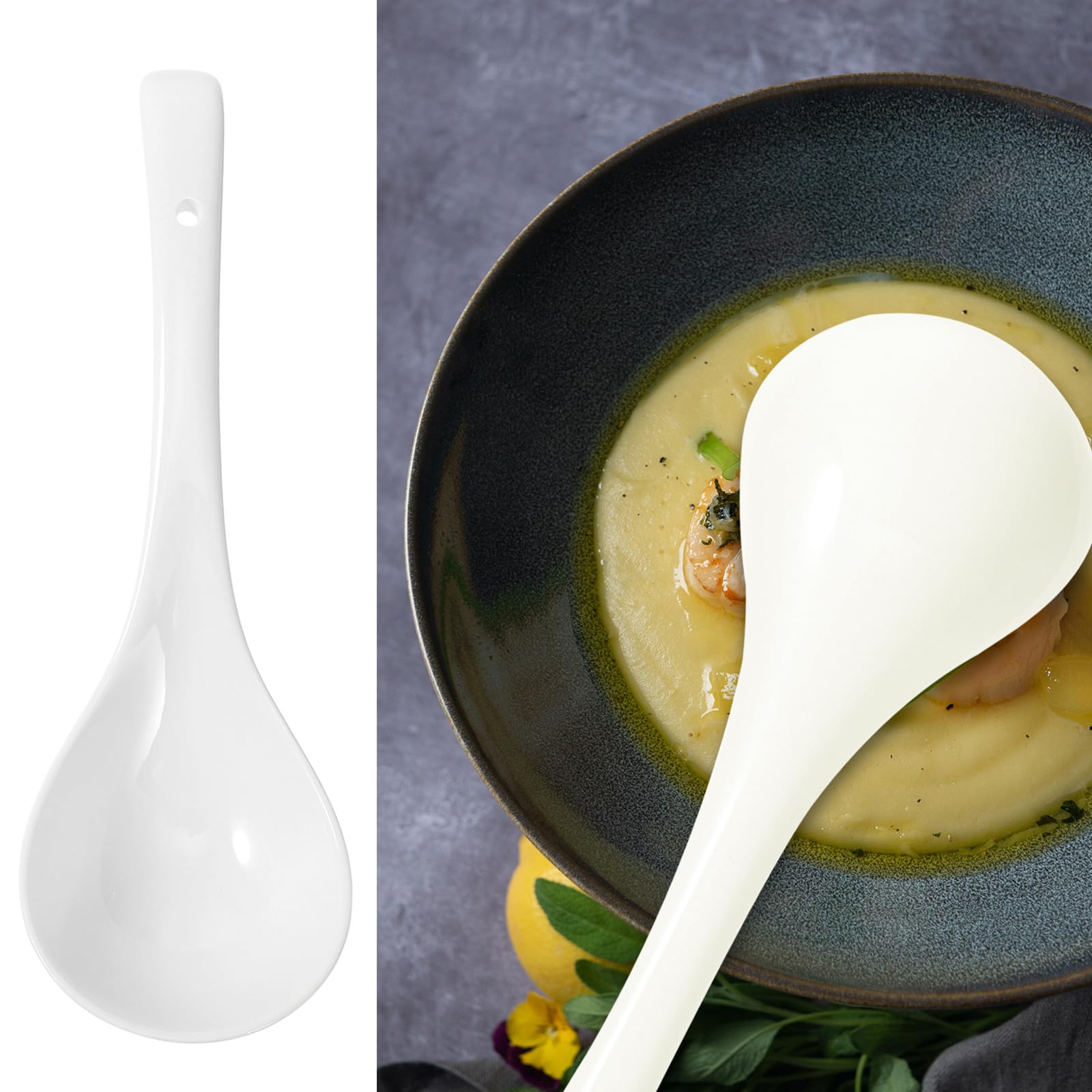 Sosoport Set de 2 Cuillères à Soupe en Céramique Blanche Manche Long et Épais, Résistantes aux Rayures, Maison Hôtels