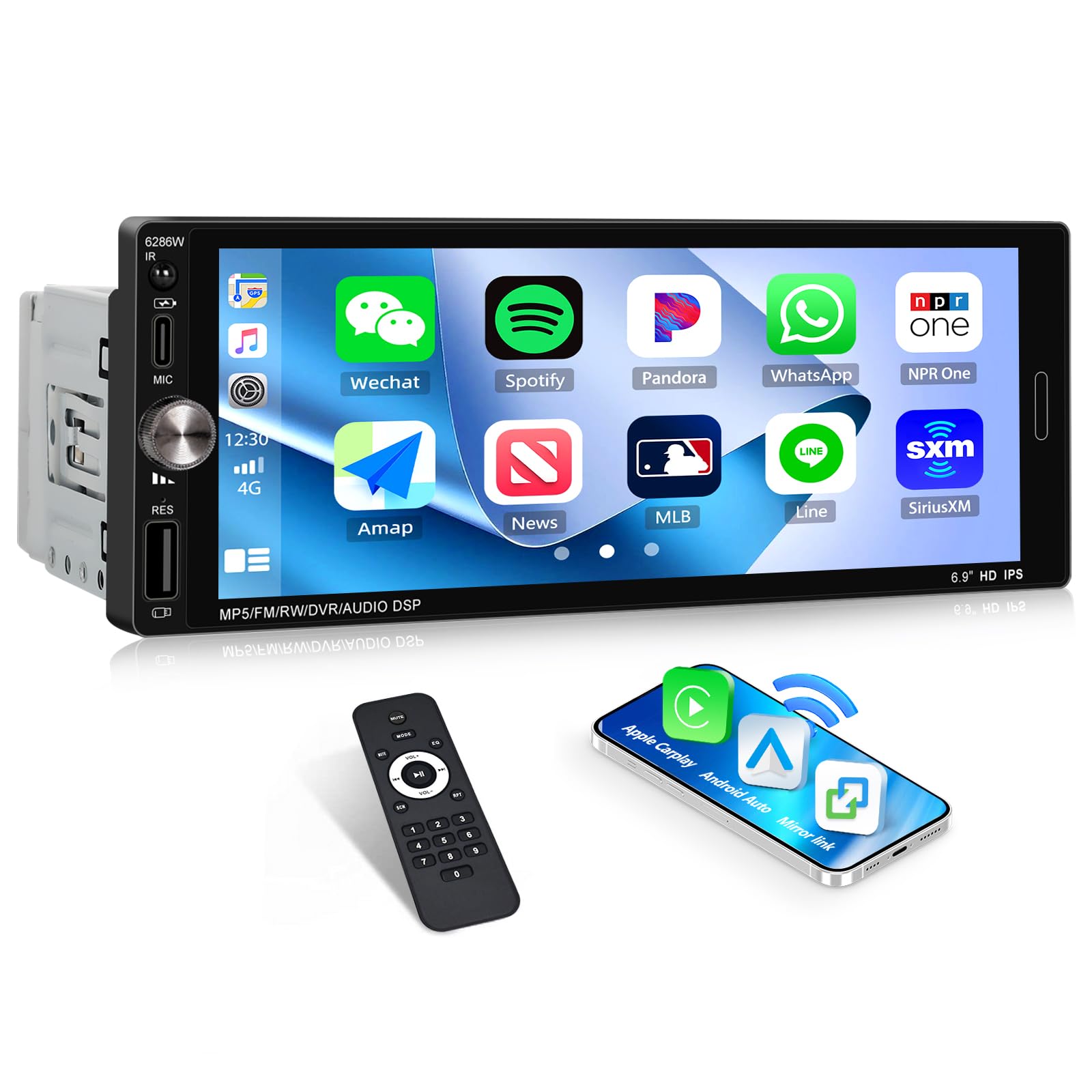 sixwin single din car stereo 7 inch touch screen car radio with wilressless carplay android auto mirror link steering wheel control bluetooth fm radio car mp5 player with remote control