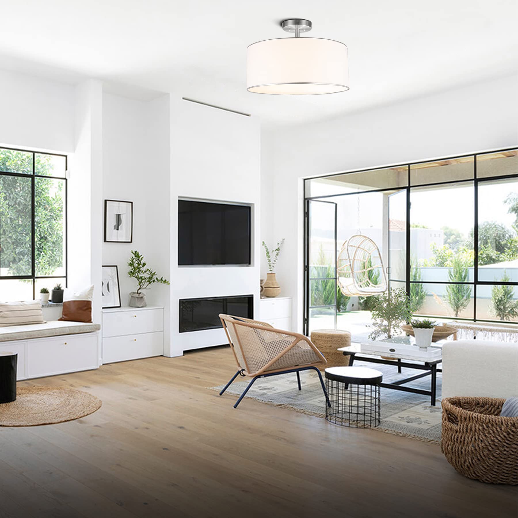 VONLUCE Drum Ceiling Light, 18" Brushed Nickel 3 Light Drum Chandelier, Semi Flush Mount Contemporary Ceiling Lighting Fixture with Diffused Shade for Kitchen, Hallway, Dining Room Table, Bedroom