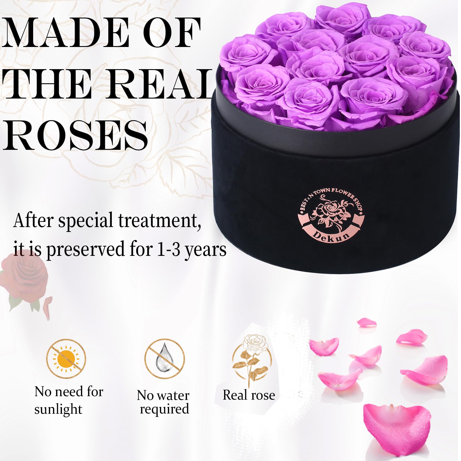 Flores eternas 12 Rosas Eternas Estabilizadas, Regalos para mamá, Regalos para Esposa, Regalos para Novia, San valentín, Regalos de cumpleaños, (Morado)