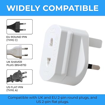 1-Pack UK Electric Toothbrush & Shaver Plug Adapter | 2-Pin to 3-Pin Bathroom Converter | For UK EU Round & US Flat 2-Pin Plugs | 1A Fused, Safety Shutters | Compatible with Oral-B, Braun, Philips