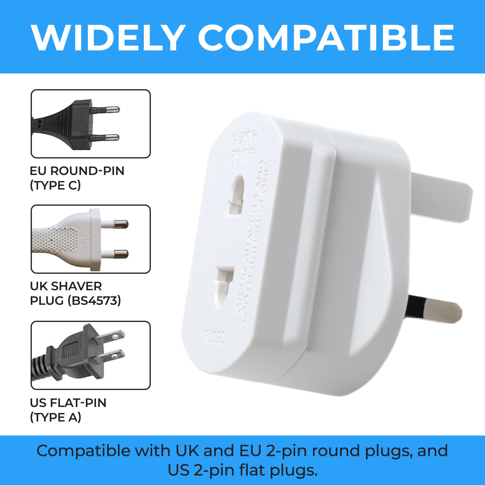 Double Dragon 2-Pack UK Electric Toothbrush & Shaver Plug Adapter | 2-Pin to 3-Pin Bathroom Converter | Supports UK EU Round & US Flat 2-Pin Plugs | 1A Fused | Compatible with Oral-B, Braun, Philips — view 4