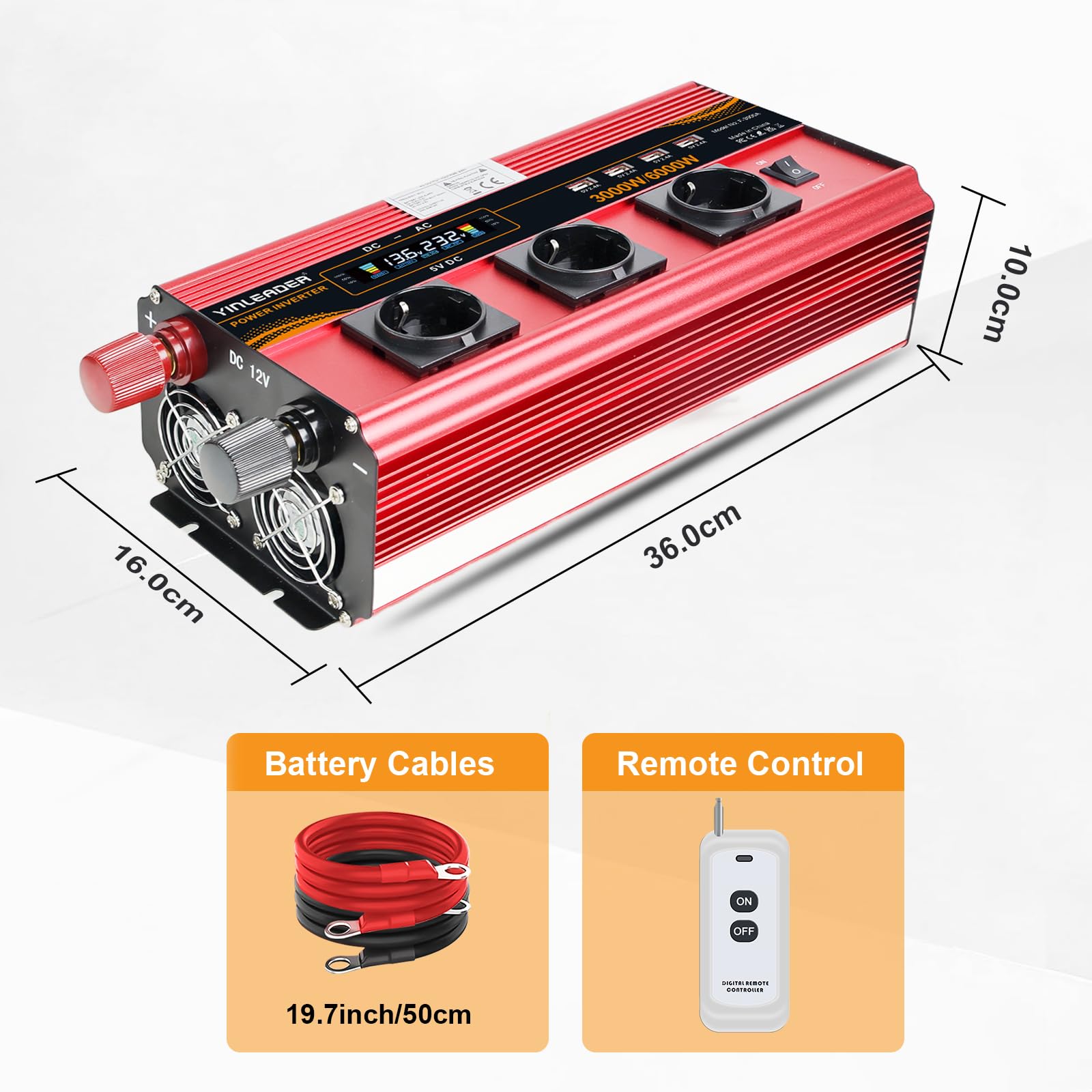 Yinleader Convertisseur 12v 220v 3000W onduleur télécommande 4 x USB et LCD 3 Prises AC