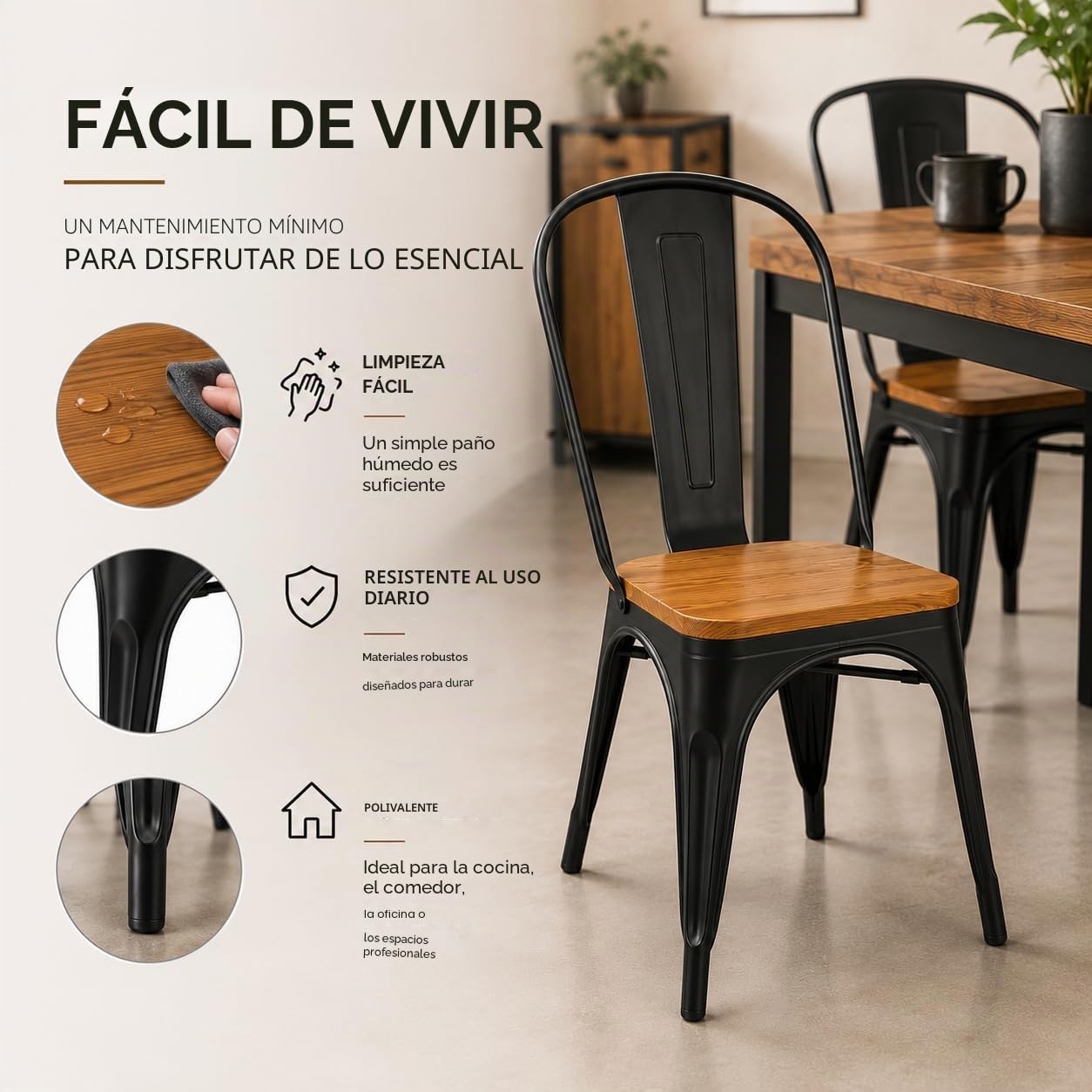 Kosmi - Juego de 4 sillas de Metal Negro y Madera Clara Asiento de fábrica de Estilo Industrial de Metal Negro Mate y Madera Clara