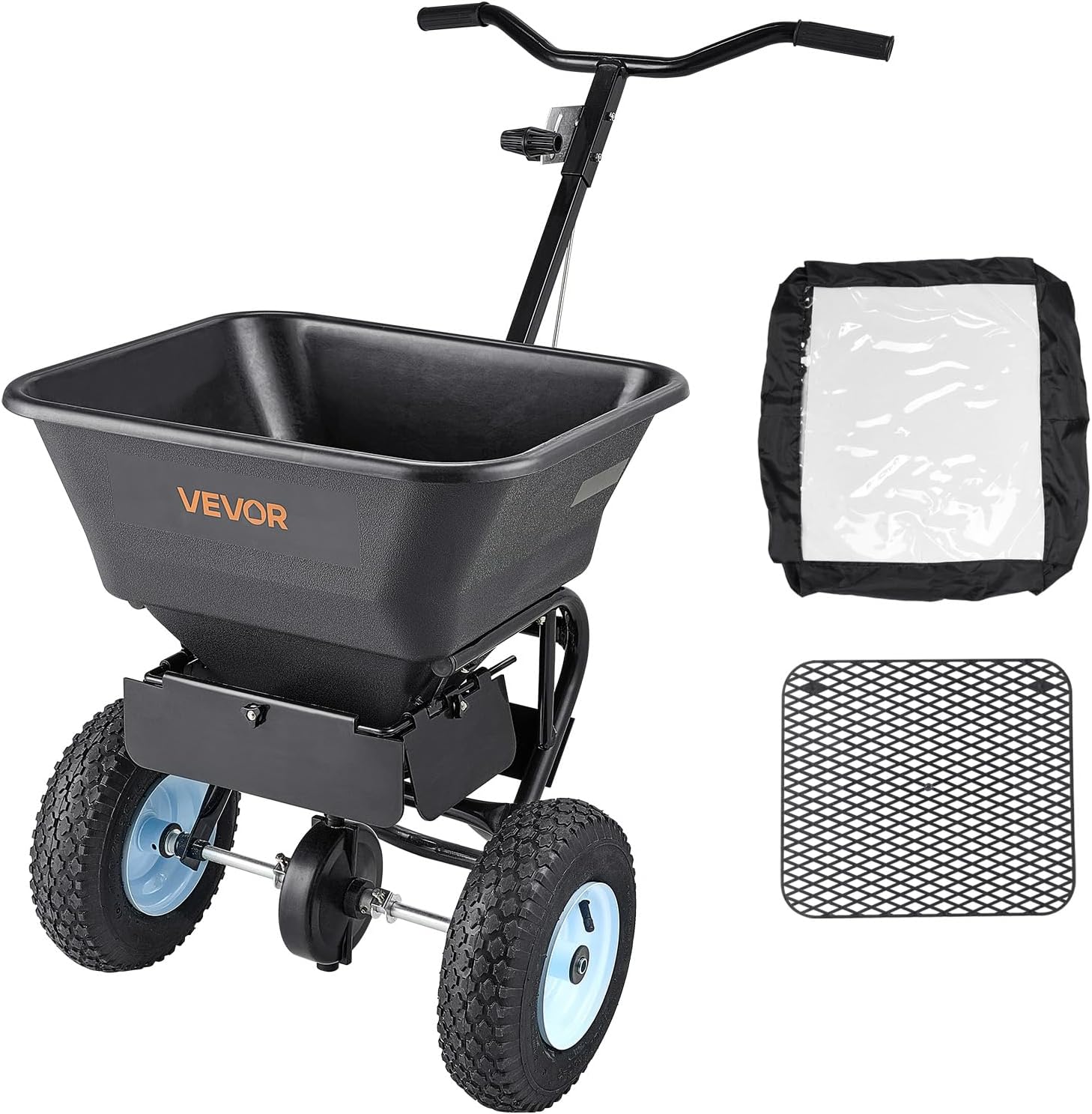 VEVOR Compost Spreader, 24.4-25.6" Height Adjustable Handle, 24" Wide, Lawn and Garden Peat Moss Roller with Side Latches, Powder Coated Steel Mesh Basket for Spreading Manure, Topsoil, Black