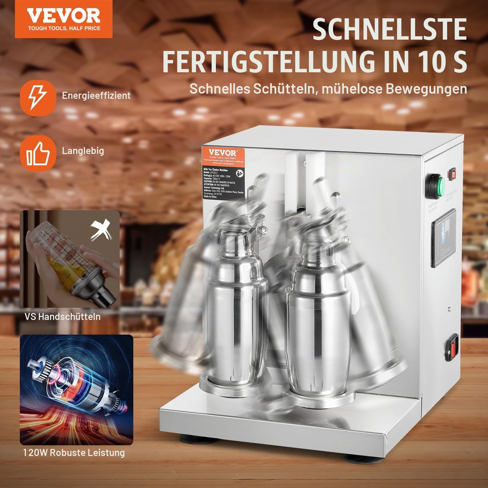 VEVOR Handlicher Milchshake-Mixer, elektrisches Milchtee-Gerät, 120 W, Mixer für Getränke, Doppelkopf, verstellbar 0-180 Sekunden, mit Edelstahlbecher 750 ml, für Milchtee-Shop, Bar, Café