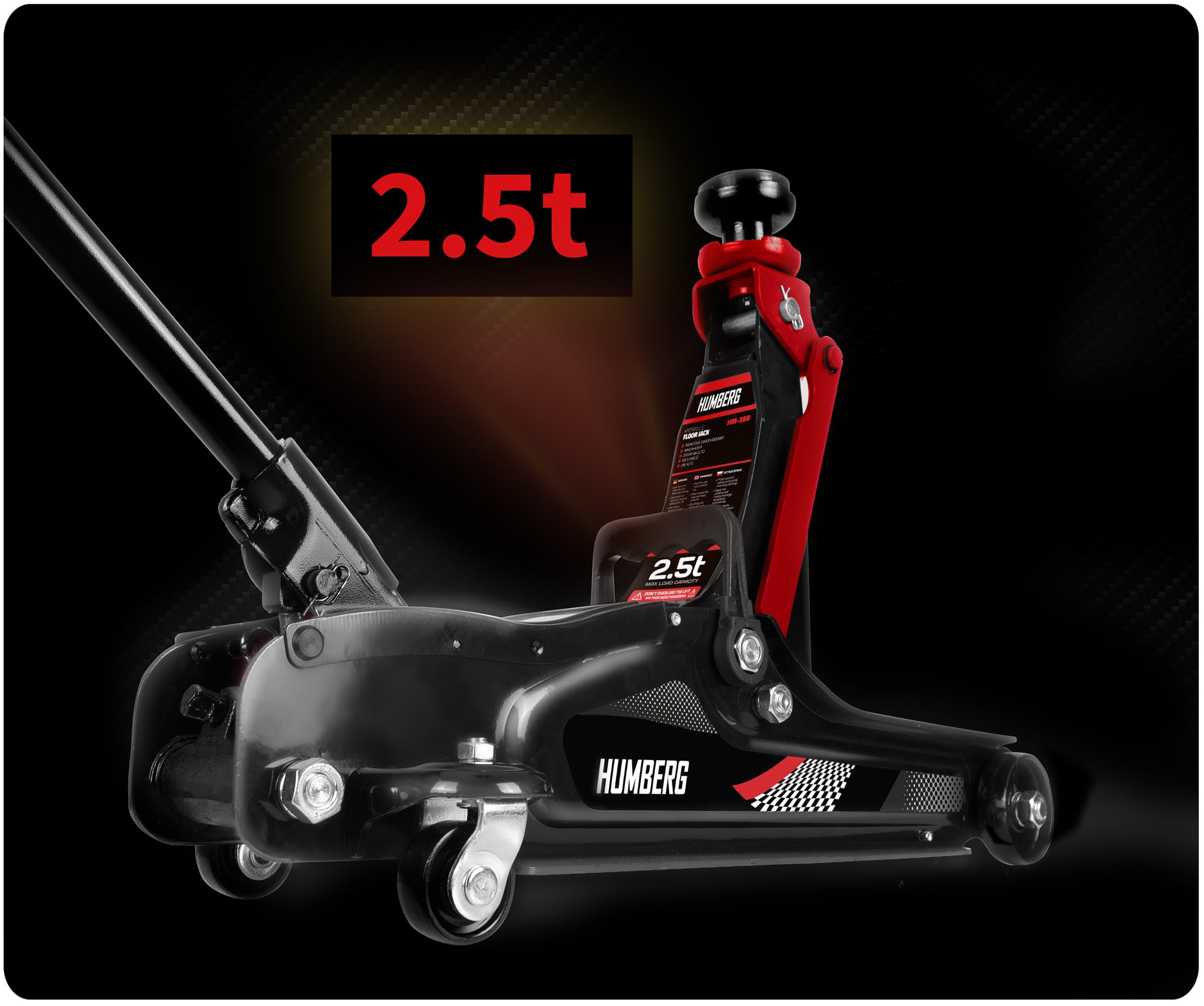 Humberg Cric idraulico per auto, a basso profilo, 2,5T, 80-360 mm, 2 cuscinetti in gomma, colore nero, rosso