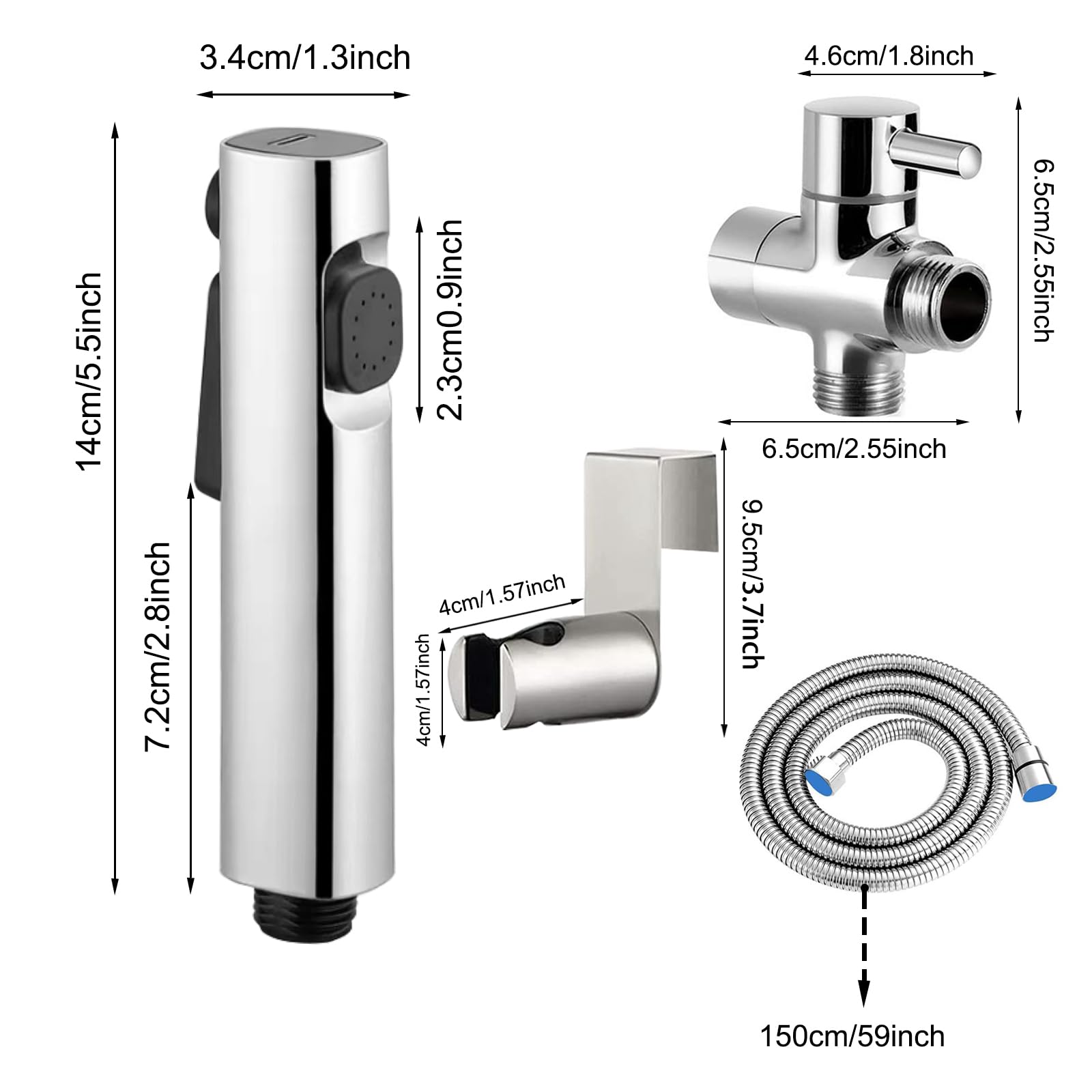 Kit Douchette wc,ABS Pulvérisateur de toilette pour bidet,jet à deux fonctions, facile à installer, avec Vanne 3 Voies (1/2"-3/8"),tuyau de douche de 150 cm et support de douche(Argent)