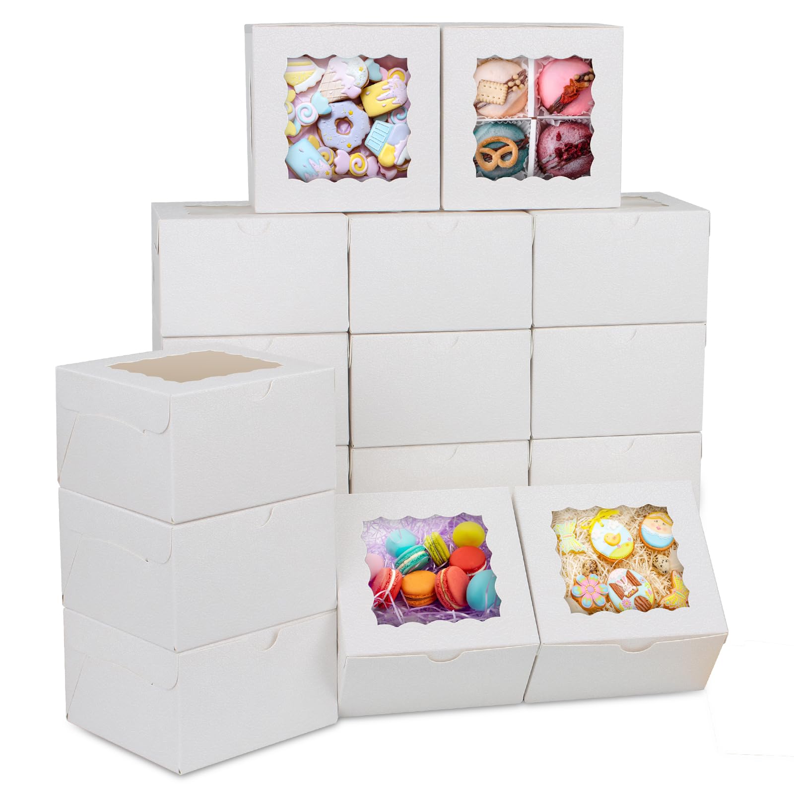 HONGFAPK 60pcs White Cookie Boxes, Small Cake Box, 4x4x2.5 Inches Bakery Boxes with Window, Dessert Treat Boxes, Cupcakes, Chocolate Covered