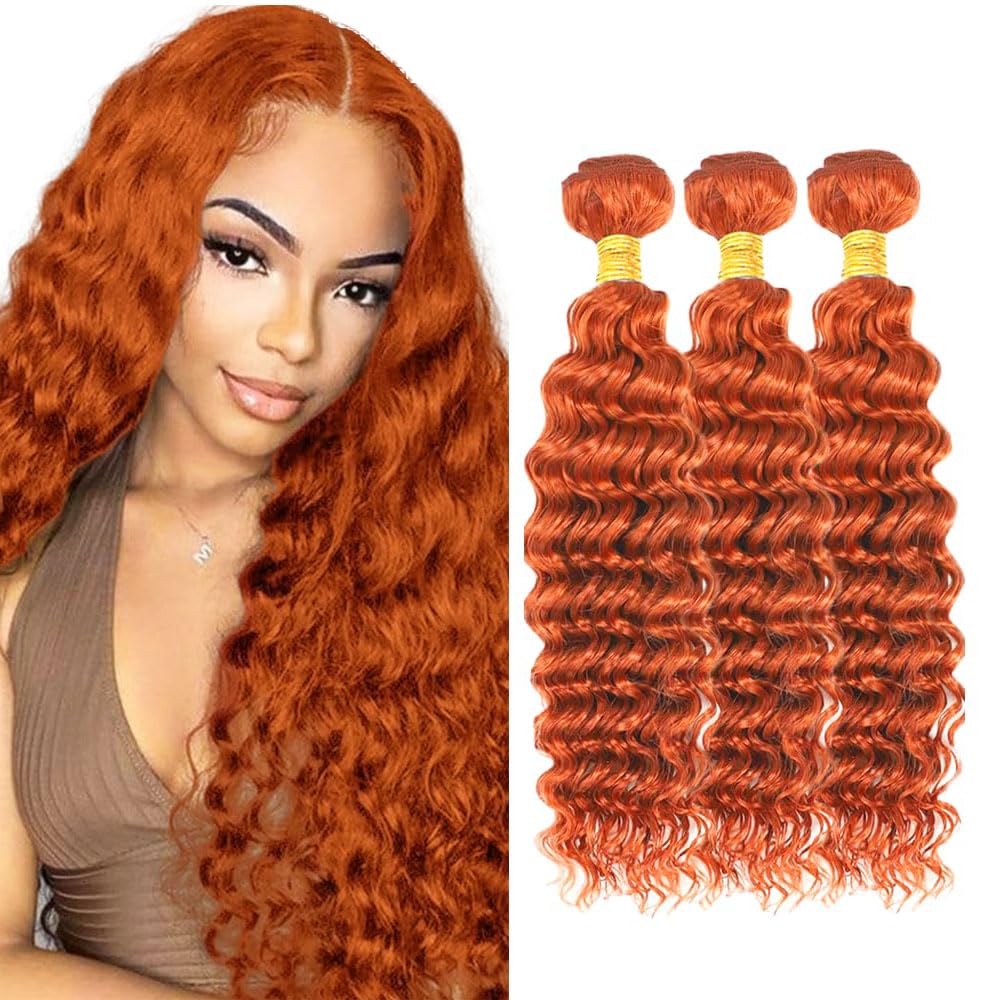 Shoaiye Deep Wave 3 Bundles Human Hair Extension #350 Copper Red Doubles Weft 100% Unprocessed 8A Glueless Human Hair Bundles Total 300g Ginger Orange Color 26 28 30 Inch