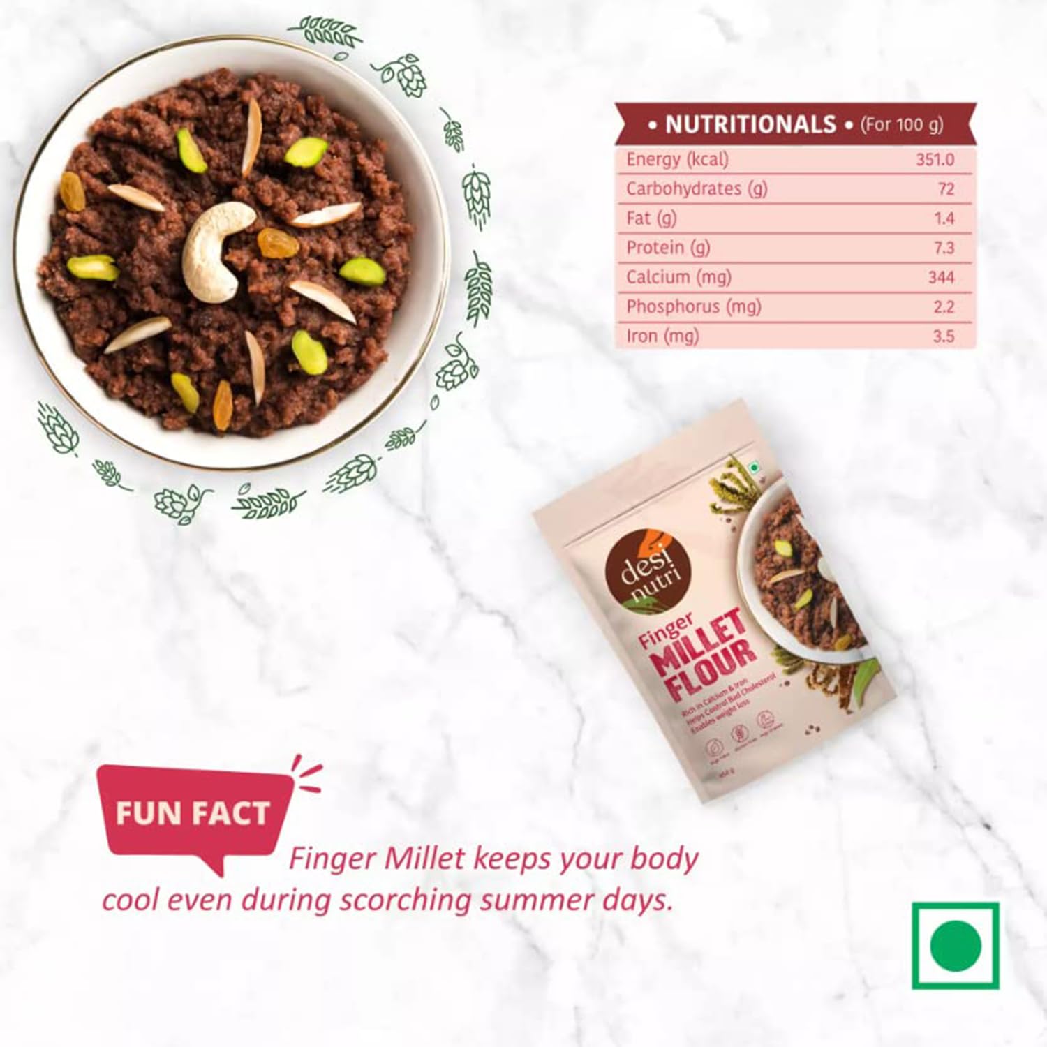 Finger Millet Flour, High Fiber, Gluten Free, 450 gm