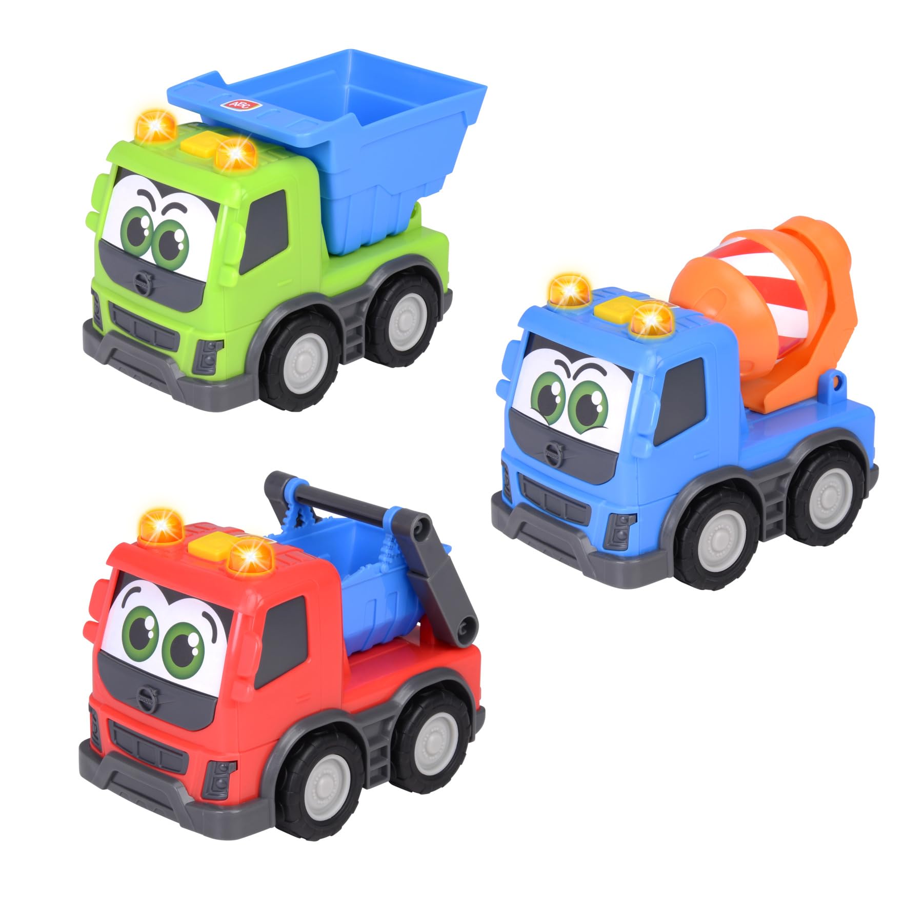 ABC - Baustellenfahrzeug Volvo Trucky ab 1 Jahr (13 cm) - Schiebeauto mit Licht & Sound für Kleinkinder zur Förderung der Motorik, 3-fach sortiert (Kipp-Laster, Betonmischer, Container-LKW)
