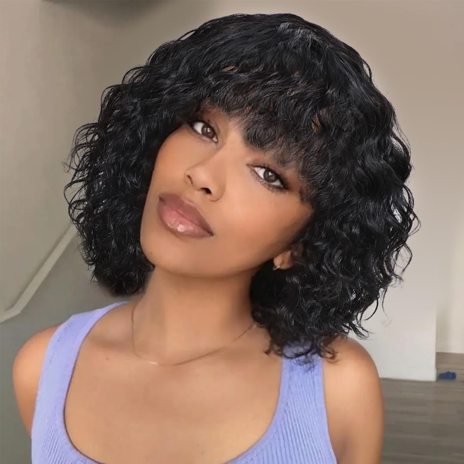 HUA Curly Wig With Bangs Human Hair for Black Women Glueless 12 Inch Water Deep Wave Bob Human Hair Wigs With Bangs for Black Women Short Curly Human Hair Wig With Bangs 180% Density