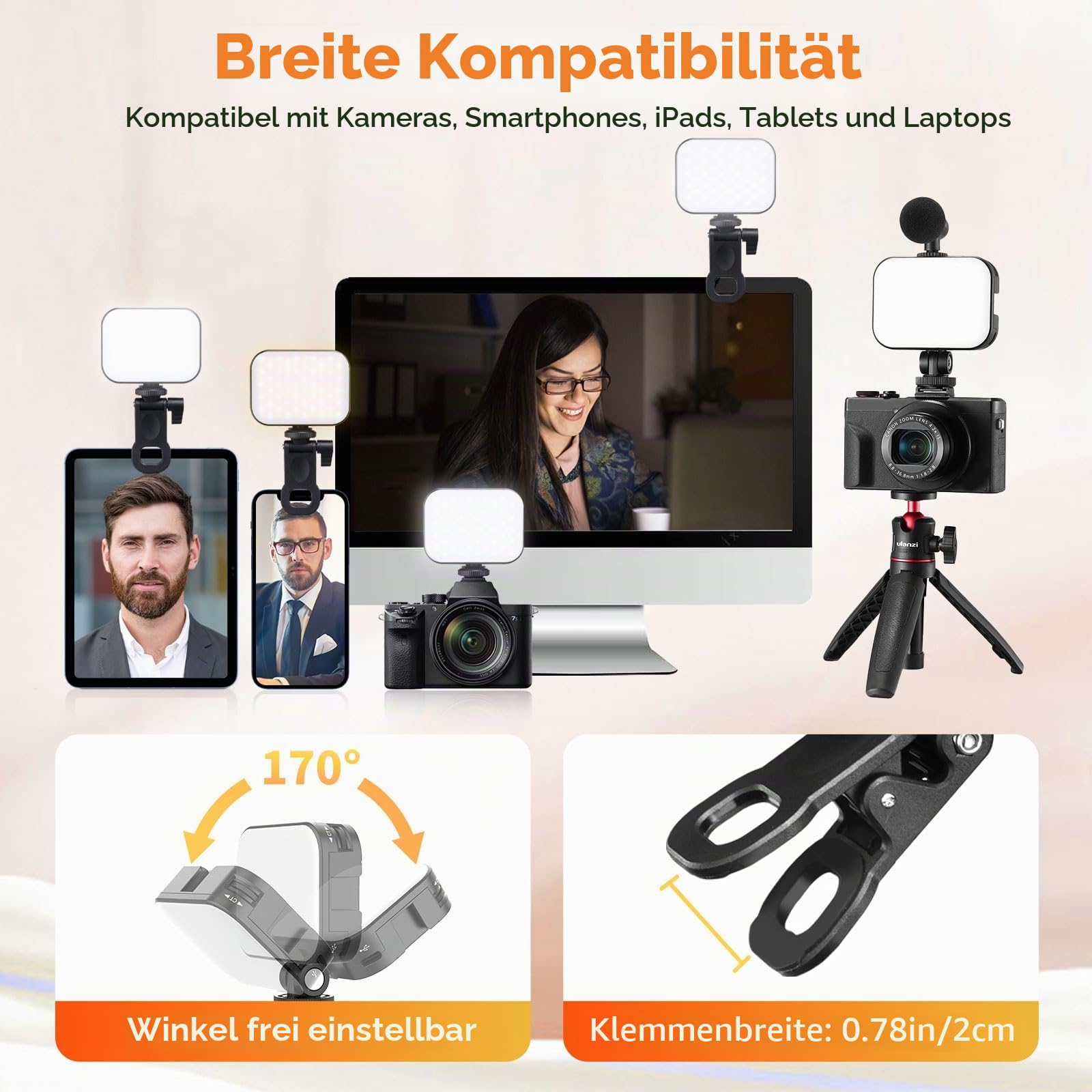 ULANZI VL100X Selfie Licht mit Clip, LED Videoleuchte mit 2000mAh Akku, Kamera Licht dimmbare 2500-6500K, CRI 95+, 3 Lichtmodi, Videolicht für Handy, Tablet, iPad, Laptop, YouTube, TikTok