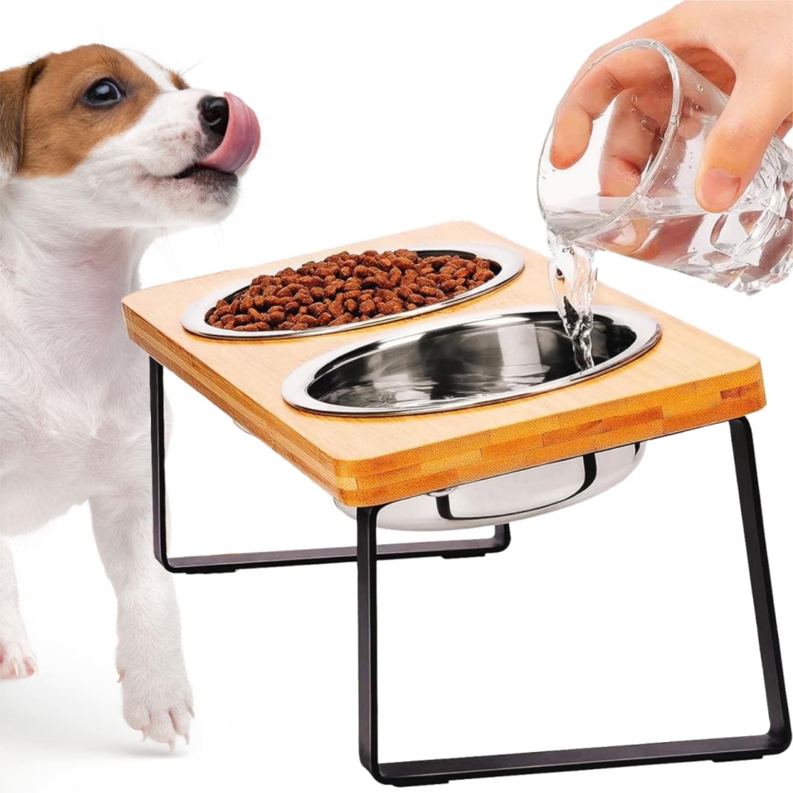 Elevated Cat & Dog Bowls - Double 54 oz， Bamboo 15° Tilted Raised Bowl Stand with 2 Stainless Steel Feeder