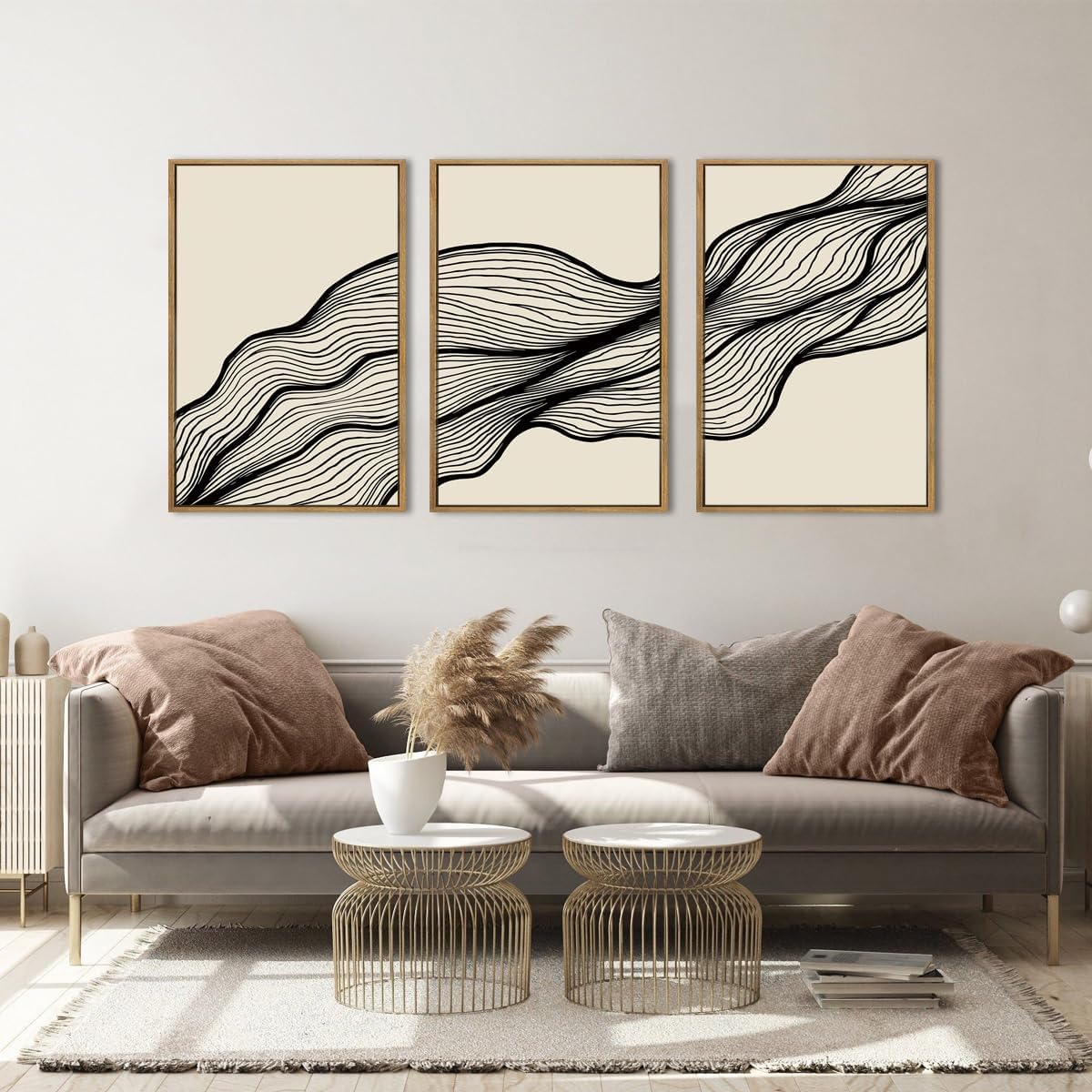ANHUIB Neutral Abstract Line Wall Art, Black Beige Minimalist Wall Decor, Modern Geometric Painting Set of 3 for Living Room Bedroom 16x24 Inch