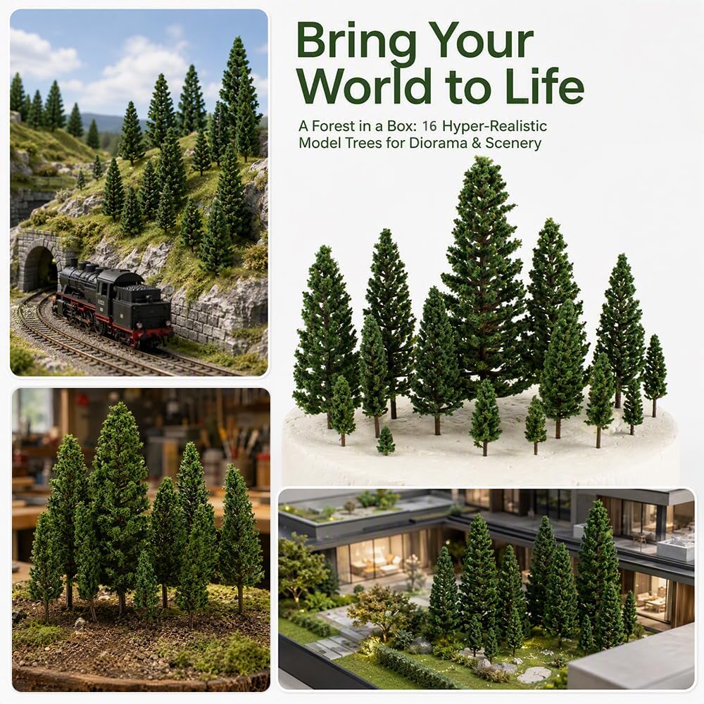 Model Miniature Trees 16PCS Model Pine Trees 1.38-6.3 Inch Green