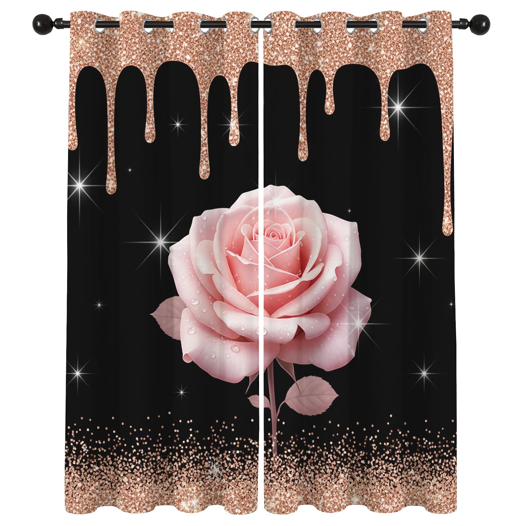 Roségold Rose Vorhänge Blickdicht mit ösen Glitzer Blumenmuster Gardinen Wohnzimmer Verdunklungsvorhänge für Schlafzimmer Fenster Vorhang 200 cm Lang 2er Set