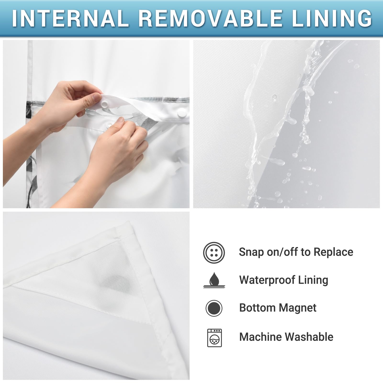 WITHLOC Rideau de douche sans crochet avec doublure à clipser – Eucalyptus – Doublure intérieure imperméable lavable – Motif plantes et feuilles noires – Lavable en machine – 180 x 218 cm