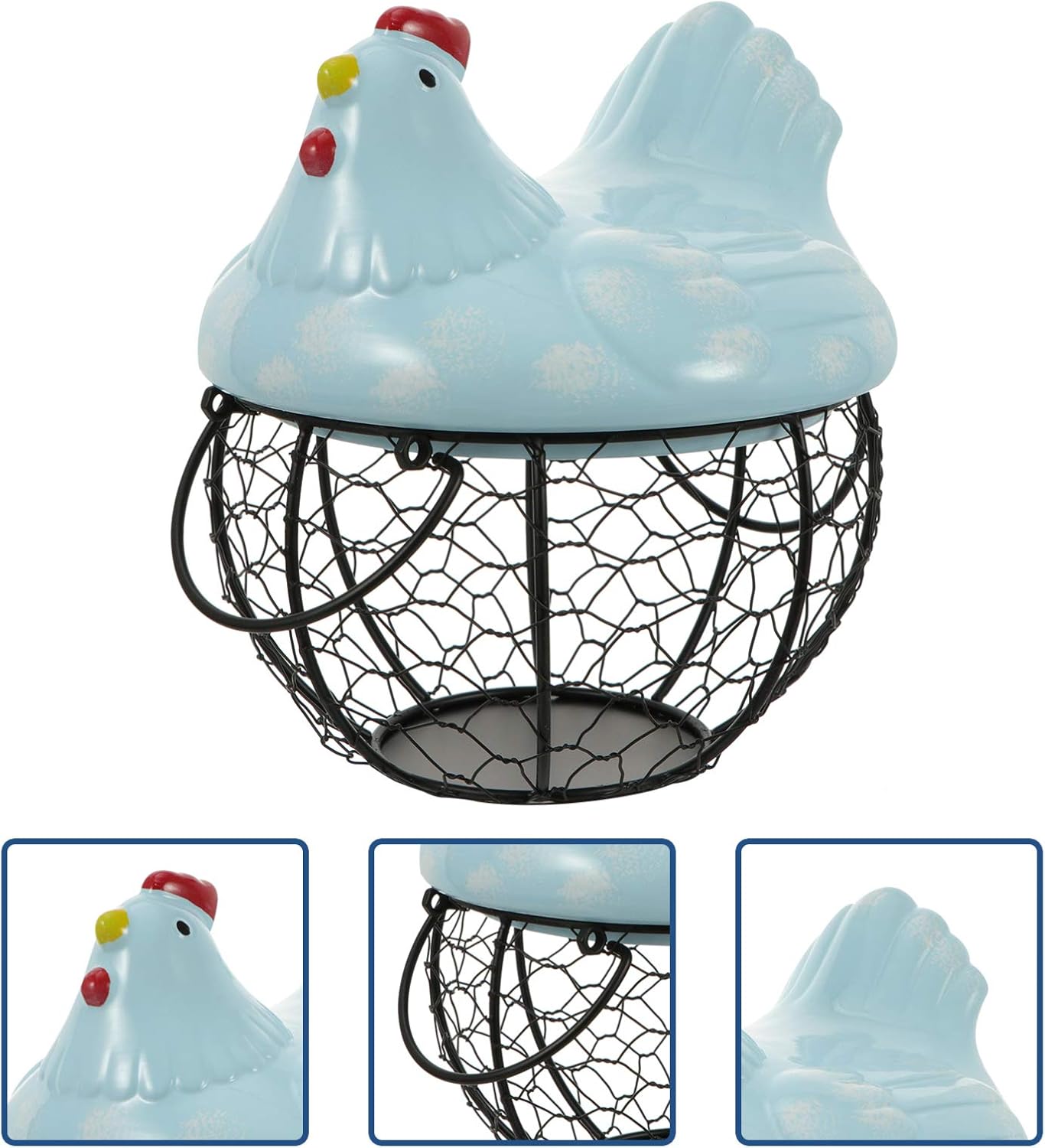 Round Chicken Wire Egg Baskets, Rustic Metal Egg Baskets for Fresh Eggs with Handle, Egg Holder Countertop Basket with Ceramic Lids, Country Farmhouse Vintage Style Gathering