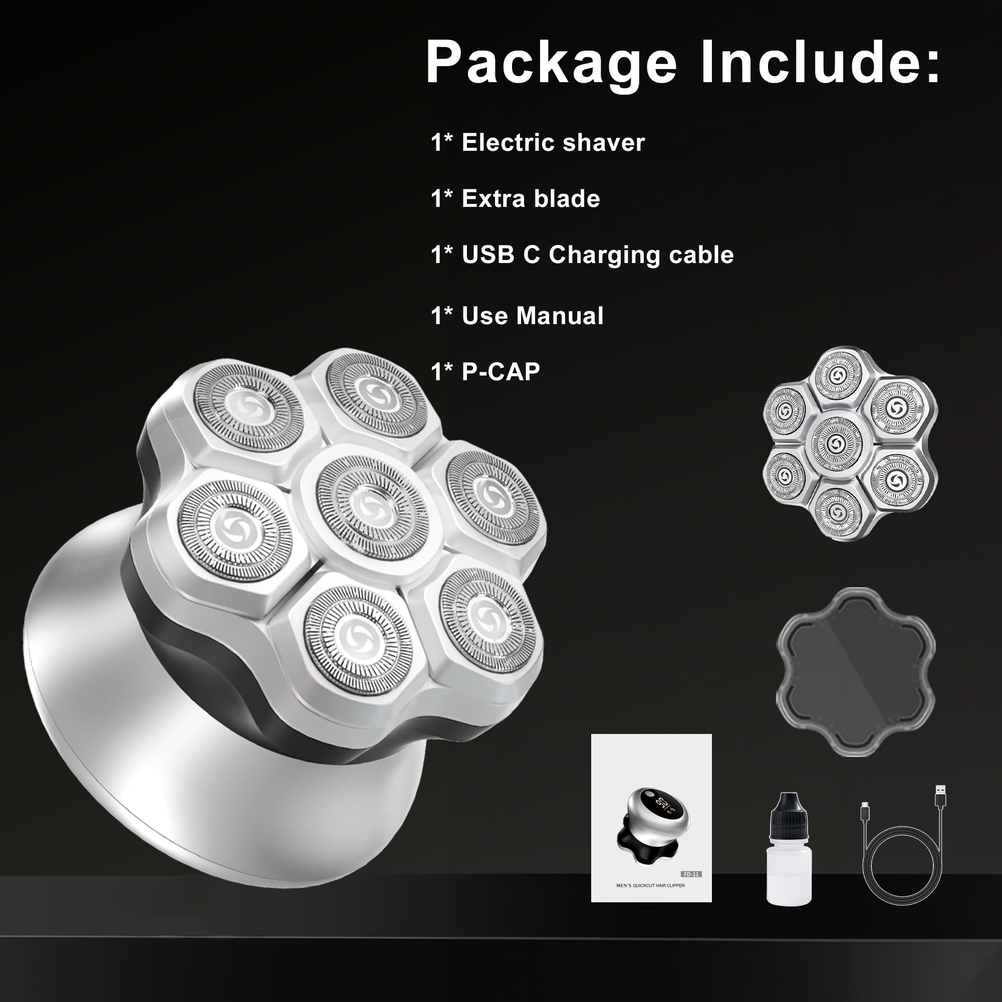 Rasoio elettrico rotativo magnetico 7D da uomo, rasoio elettrico a testa calva, rasoio cordless USB-C ricaricabile, IPX6, impermeabile, per rasatura bagnata/asciutta con display LED, regalo per uomini