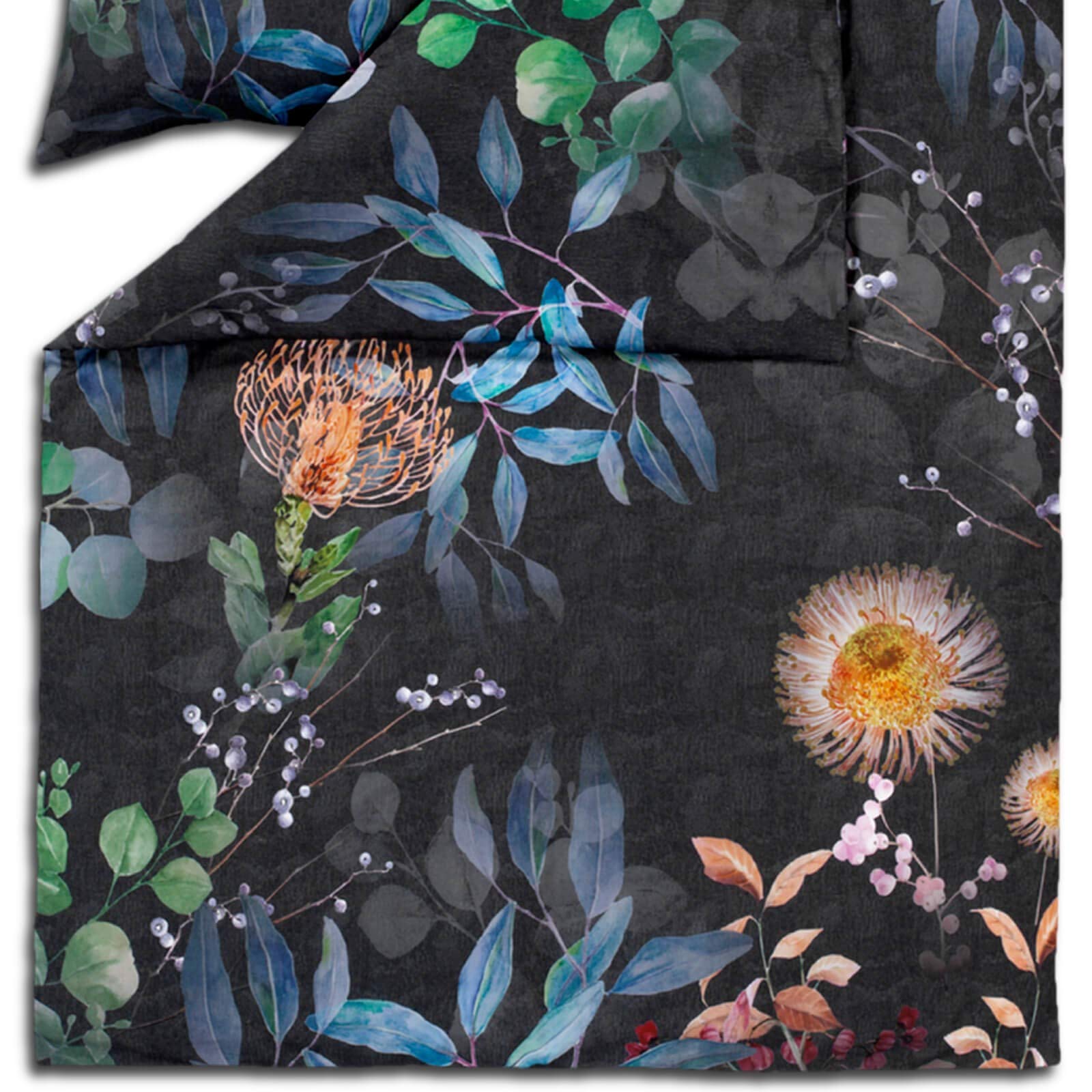 ESTELLA Bettwäsche Midnight Bunt Blau Blumen Blüten Geblümt Zweige Aquarell Mako Satin, Größe:155 cm x 220 cm