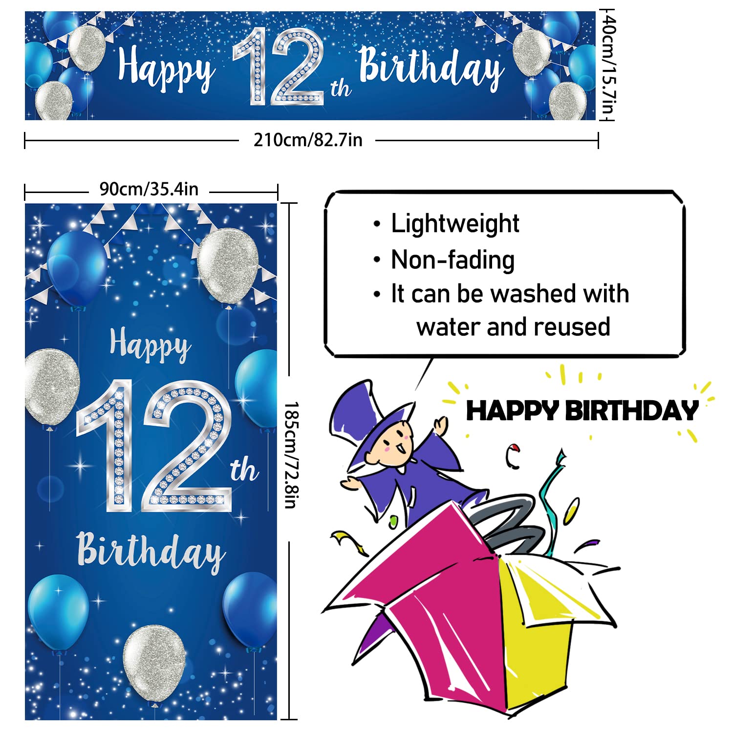 Happy 12th Birthday Door Cover Porch Banner Sign Set - 12 Years Old Birthday Decoraions Party Supplies for Men - Blue