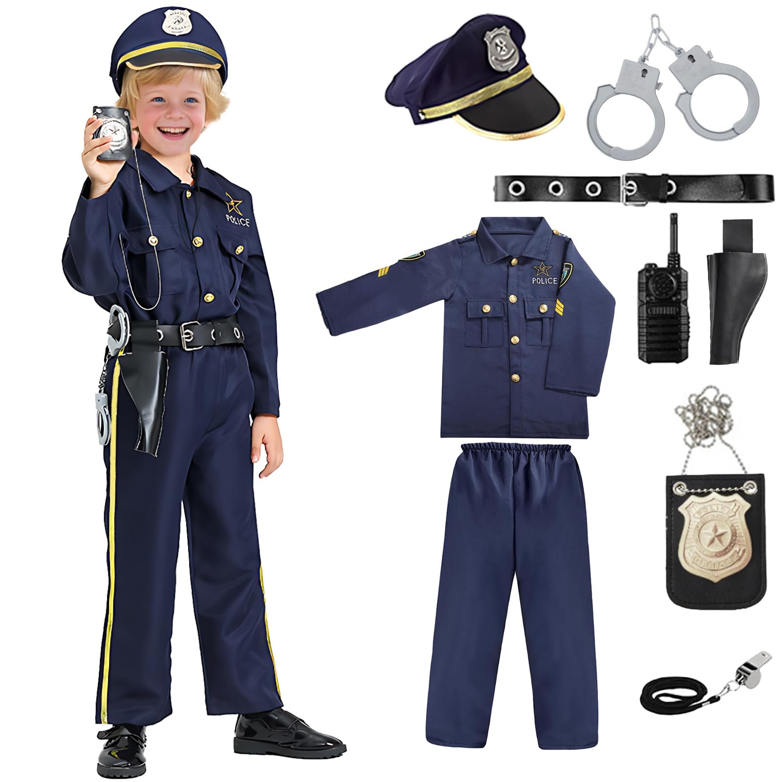 Makoike Police Costume Kids Police Officer Uniform with Accessories Halloween Costume Cosplay Props Christmas Gifts