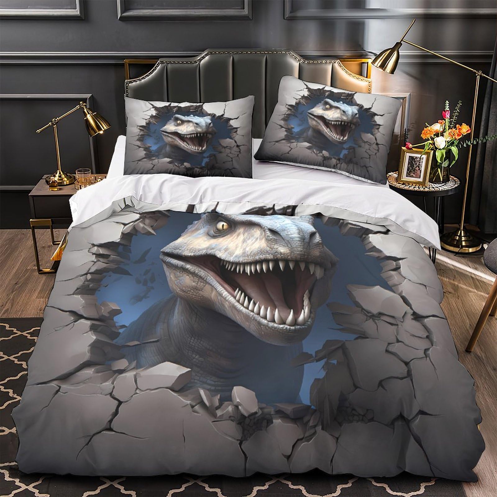 MMDASBVPE Dinosaur Roar Comforter Cover 3D Print Hypoallergenic 3PCs Bed Linen Hidden Zipper 3D Wall Quilt Cover Extra Soft All Season for Teens Youth Adults Women Kids Boys Double（200x200cm）