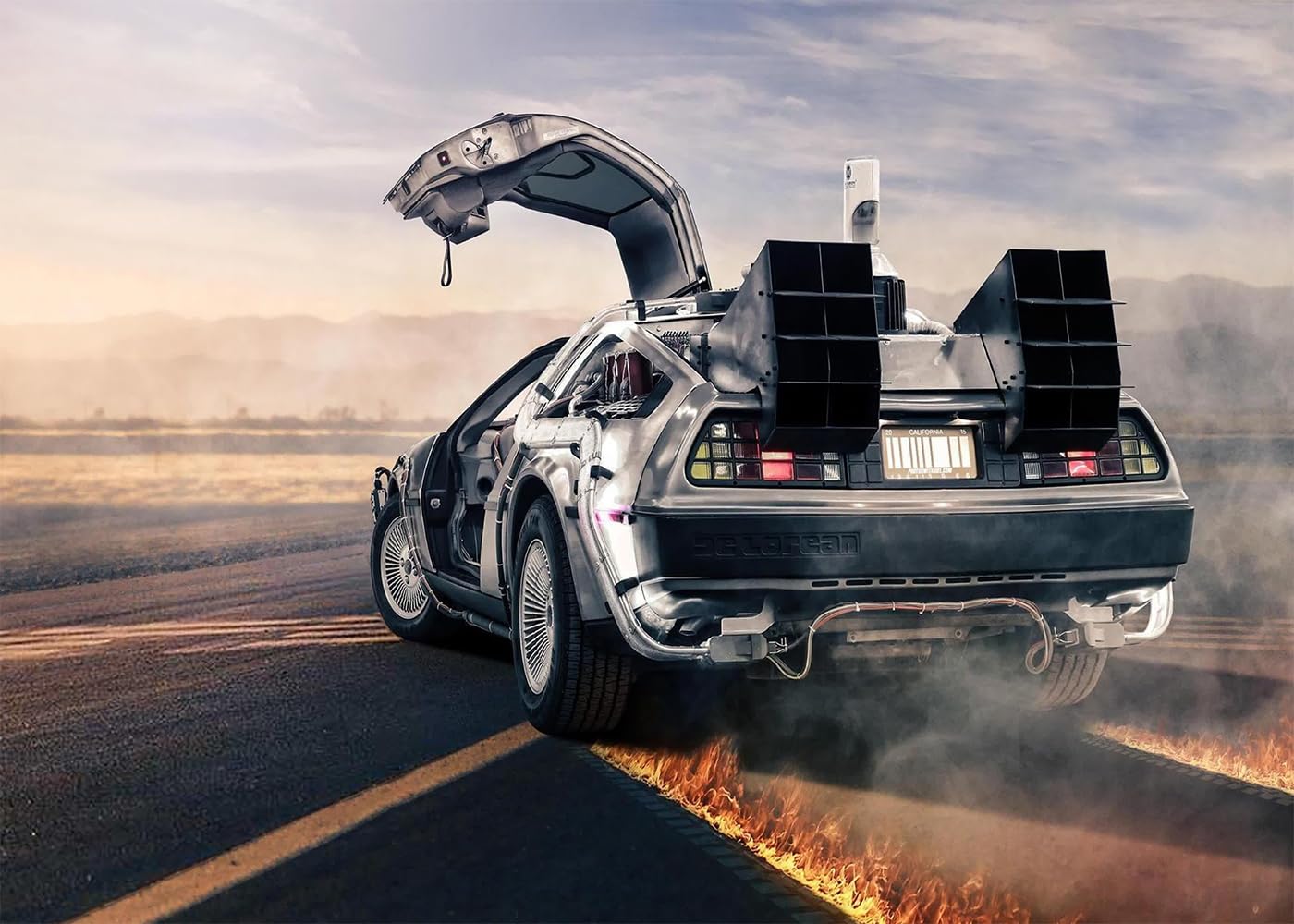 DePhoto 10x8FT Backdrop Time Machine Car Retro Design Burning Time Runway Backdrop for Back to Future Themed Party Decorations Photoshoot Photo Booth