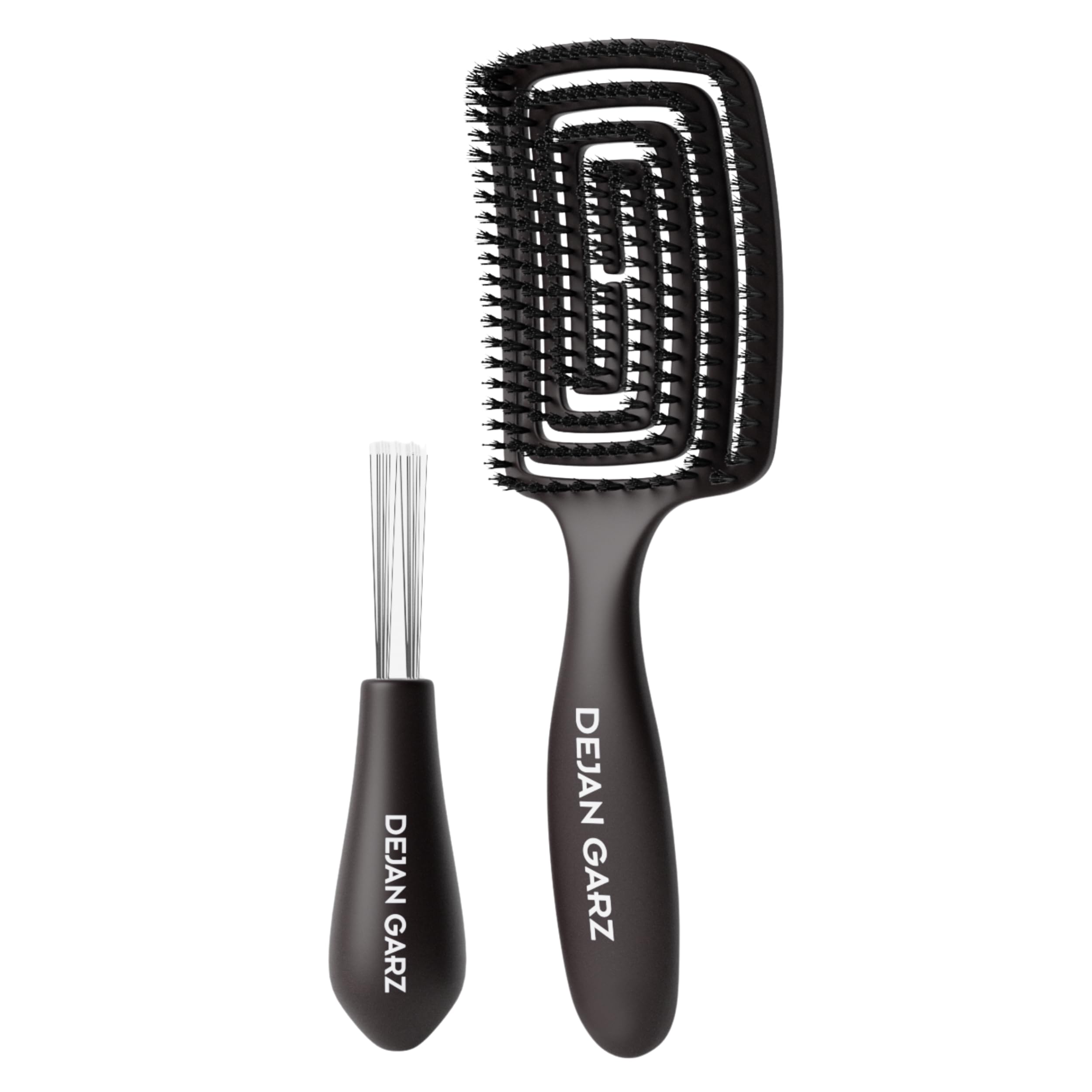 Dejan Garz Bürste mit veganen Borsten Schwarz (1 Stk) – Haarbürste ohne Ziepen für alle Haartypen – Kopfhautschonend – Hair Brush für Glanz & Geschmeidigkeit inkl. Reinigungsbürste
