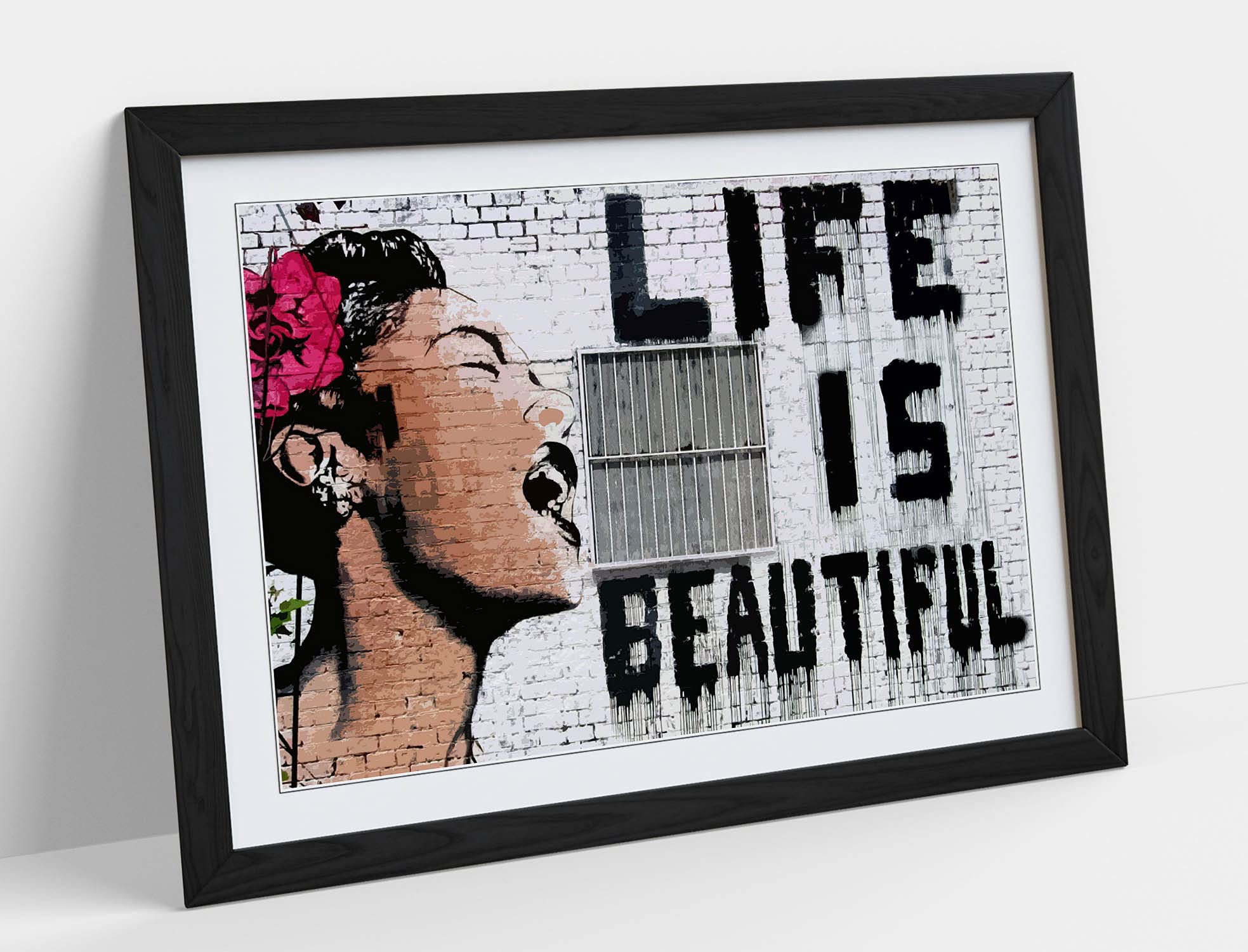 Canvasartshop Black Banksy Life Is Beautiful Graffiti- Premium Wall Art Framed Picture Prints - 3 Colours - 4 Sizes (, A2)