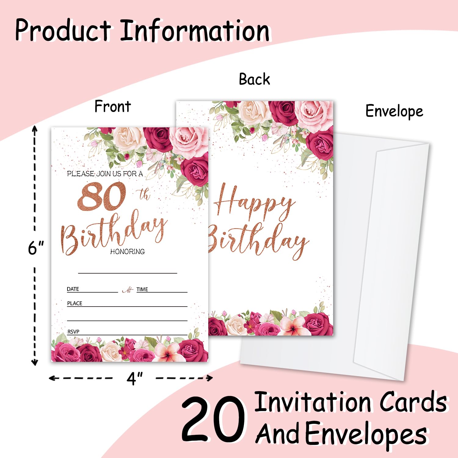 oayGnay 80th Birthday Party Invites Cards for Adults, 80 Years Old Birthday Invitations for Women Men, 20 Invitation Cards With Envelopes Floral Birthday Party Supplies -a05