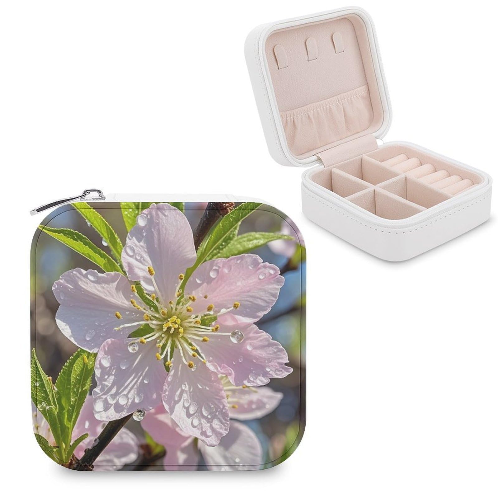 FekiLoot Peach Cherry Blossom Travel Jewelry Box Small Jewelry Organizer Storage Case Portable PU Leather Mini Jewellry Travel Case Necklace Ring Storage Organizer Gift for Women