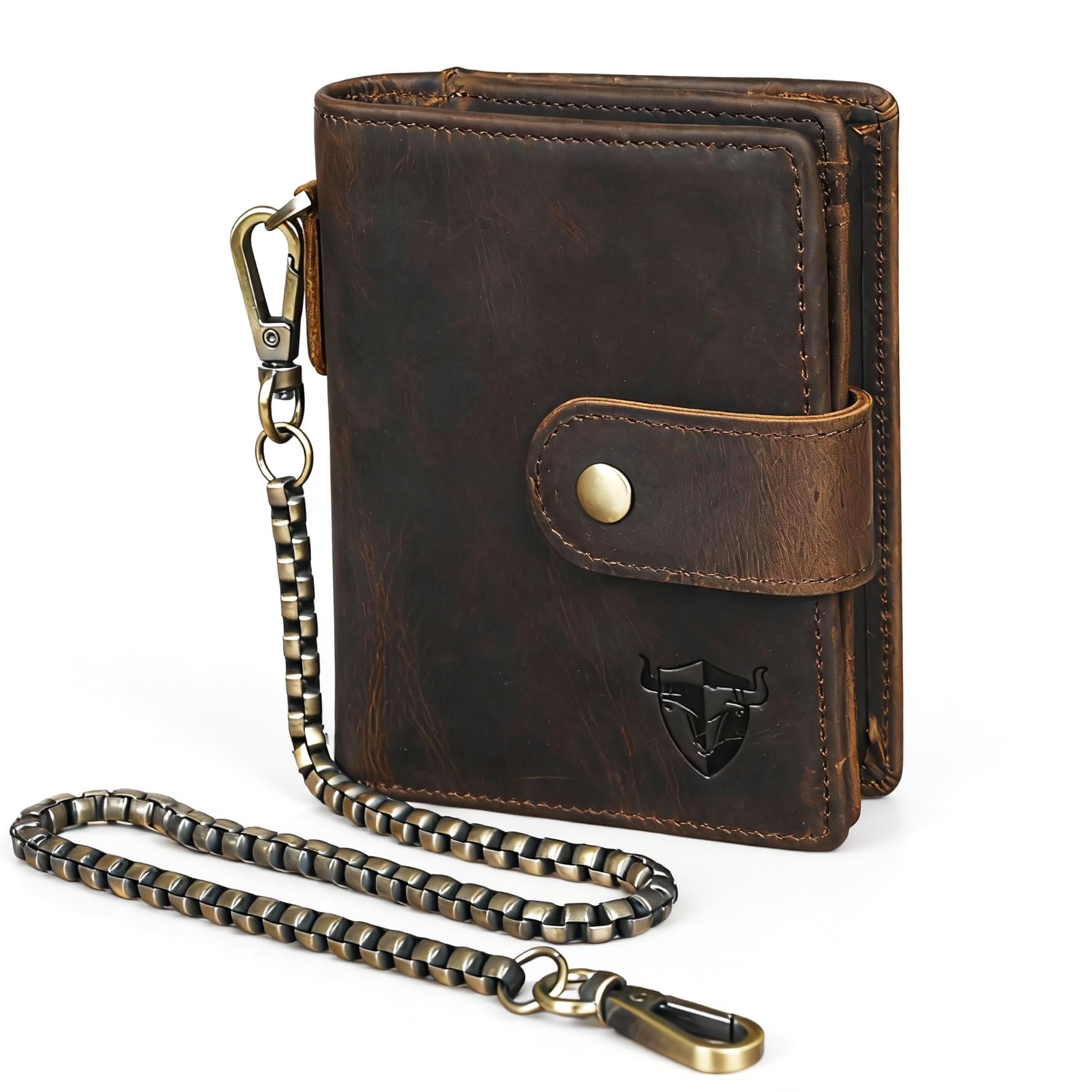 Handadsume Oil Wax Genuine Leather Travel Gift Coin Pocket Card Case Vertical Chain Rfid Wallet Purse With Snap For Men Male 1804 (1804 Dark Brown)