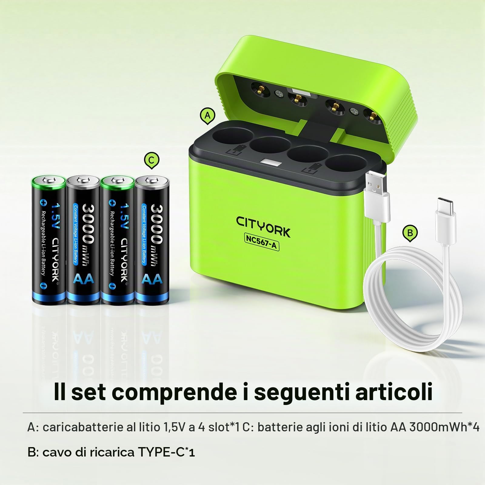 CITYORK 4 batterie al litio ricaricabili AA con caricabatterie, batteria al litio AA da 1,5 V ad alta capacità da 3000 mWh con scatola di ricarica integrata