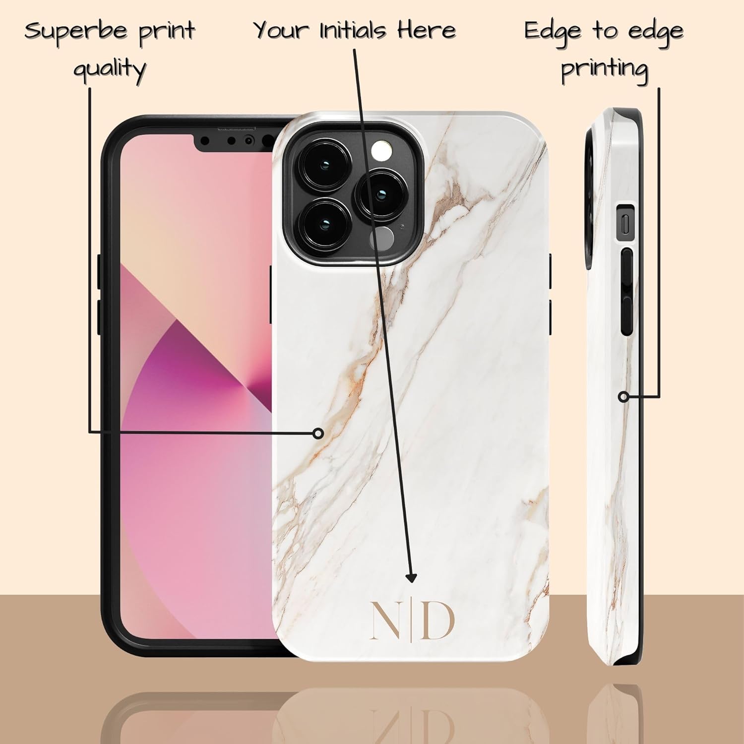 Custom Monogram Initials Ivory Marble Case, MagSafe Compatible Magnetic Personalized Name Case, Compatible with iPhone 17 Air, 16 Pro Max, 15 Plus, 14, 13 Mini, 12, 11, X/XS Max, XR, 7/8