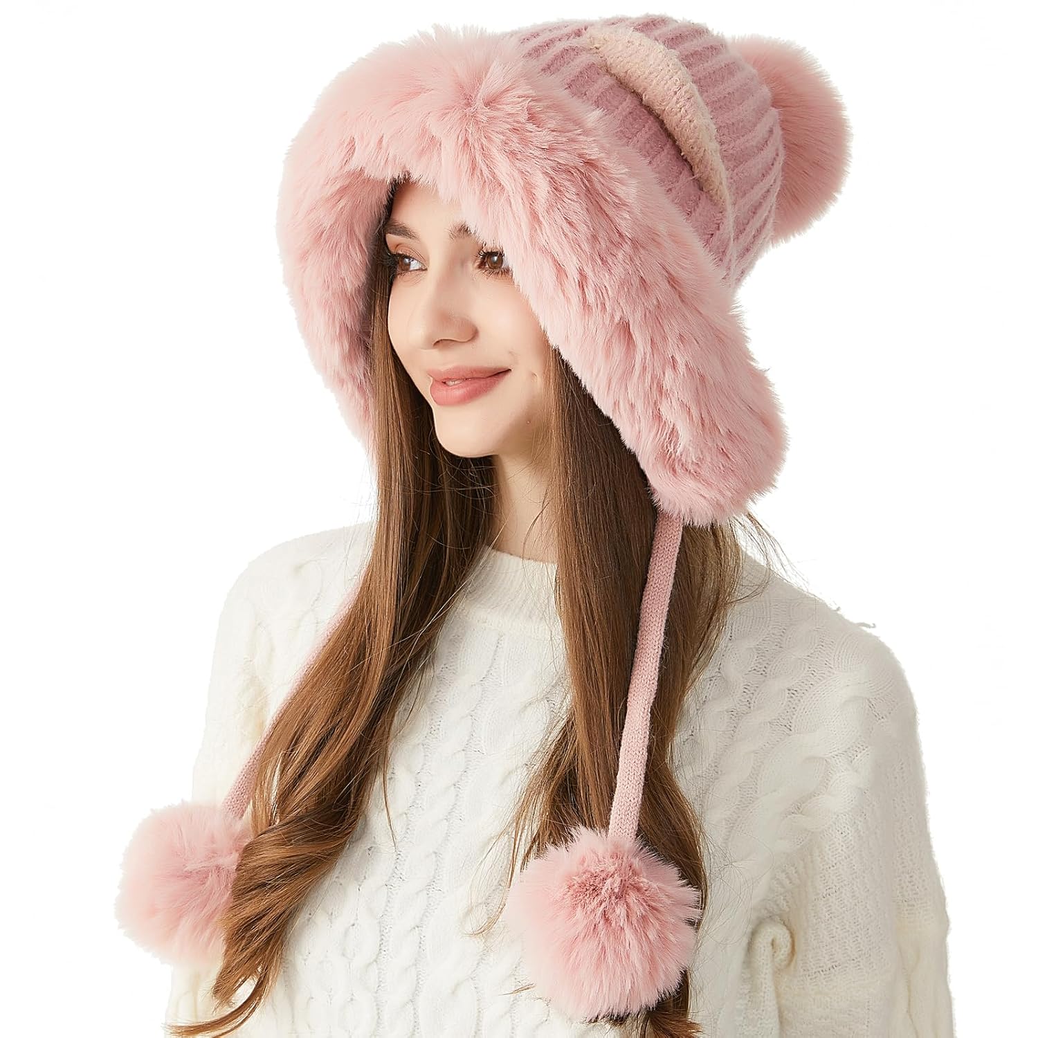 HUAMULAN Women Winter Sherpa Beanie Hats Knit Ear Flaps Peruvian Cover Ears Fleece Lined Ski Snow Hat Travel